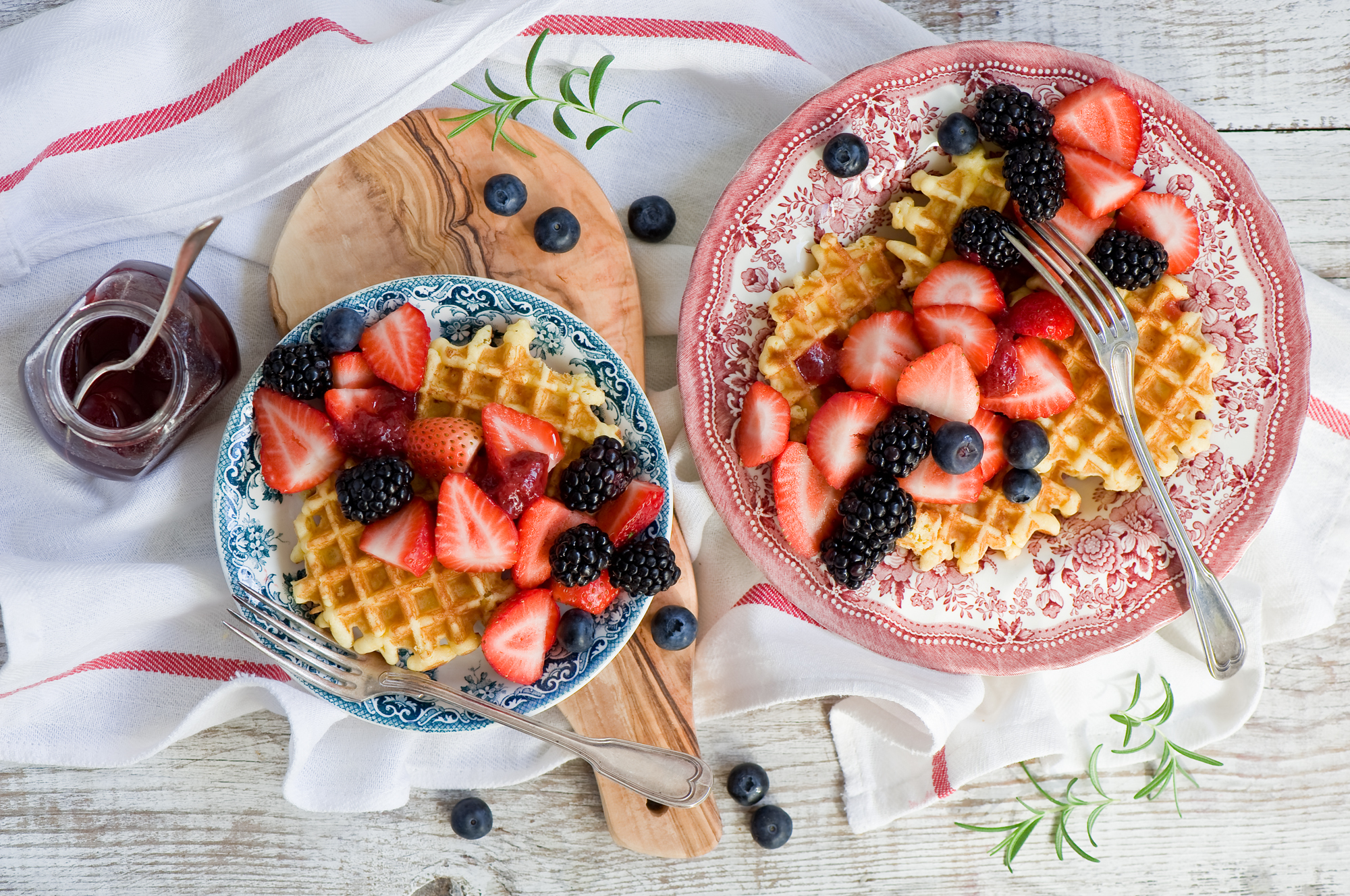 breakfast, food, waffles, bilberries, blackberry