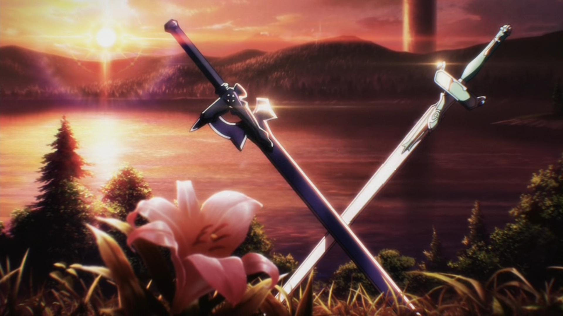 android flower, anime, sword art online, lake, sunset, sword