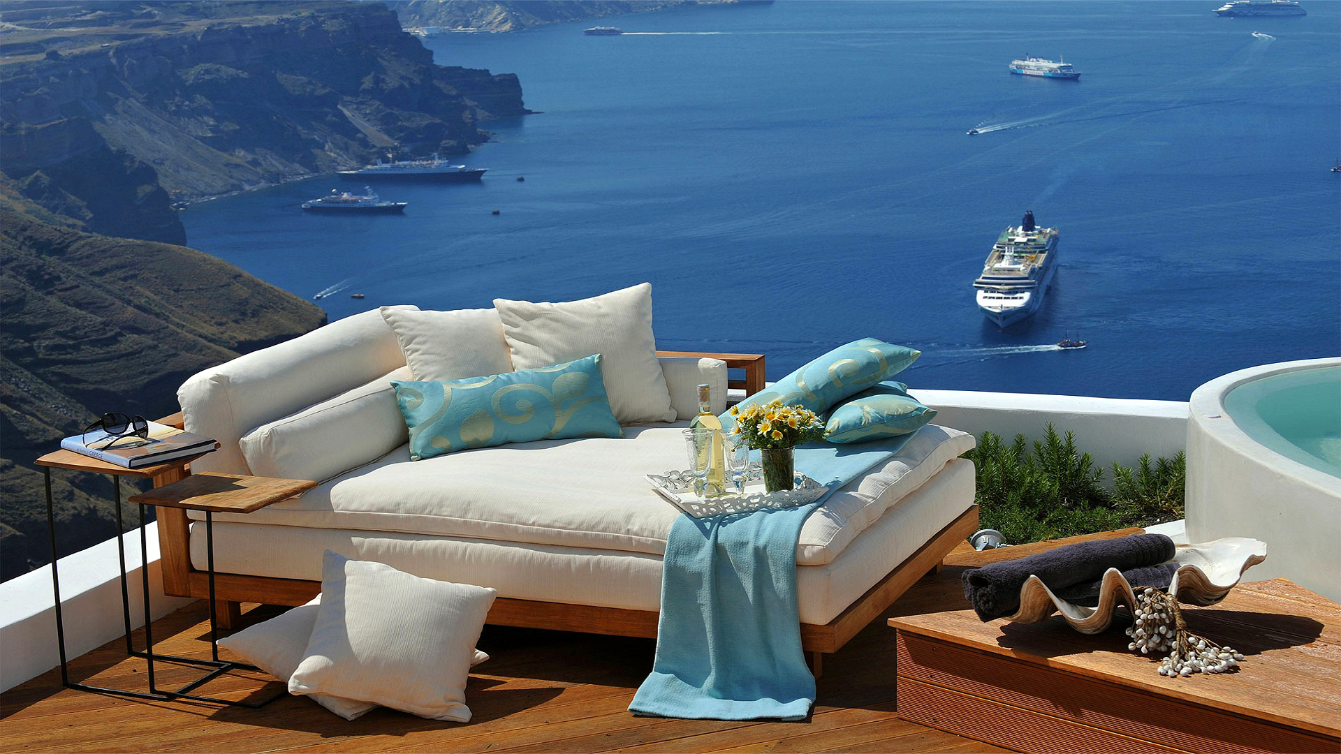 sofa, ocean, photography, holiday, cruise ship, cushion, greece, lounge, pillow, santorini, ship