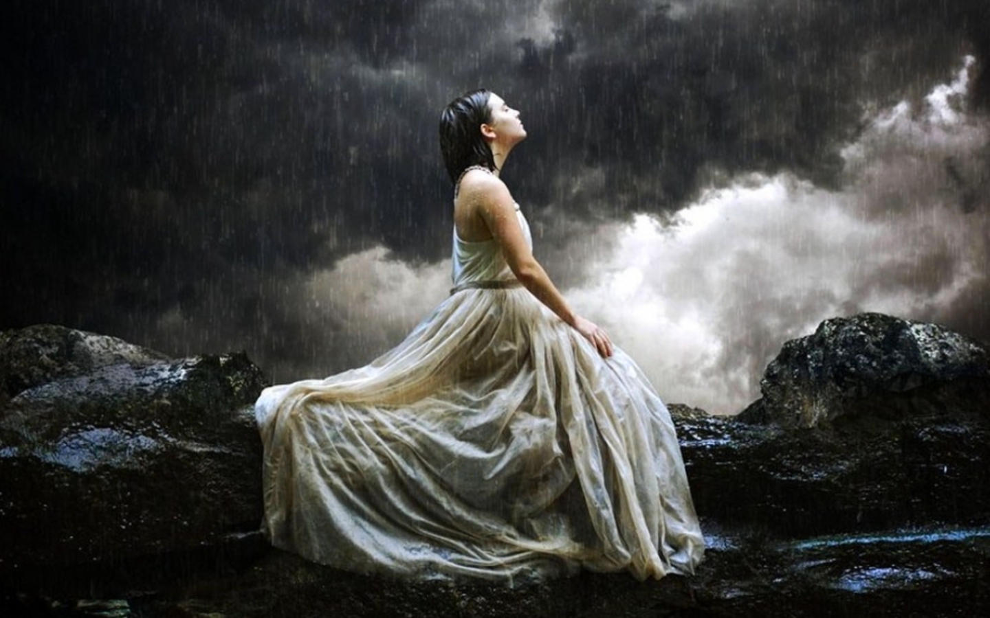 fantasy, women, alone, lonely, rain, sky