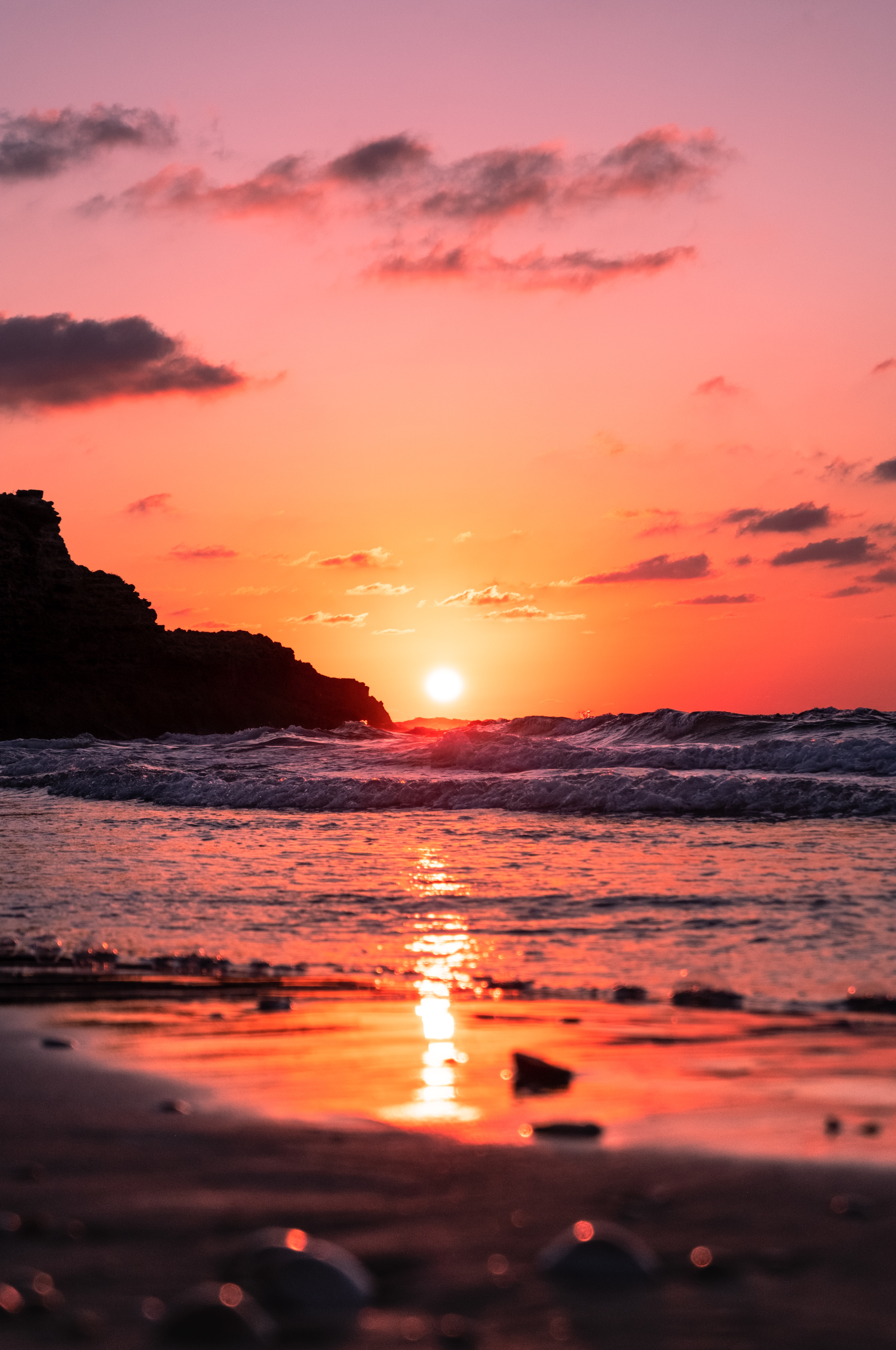 dusk, nature, sunset, sea, sun, twilight, waves, red iphone wallpaper