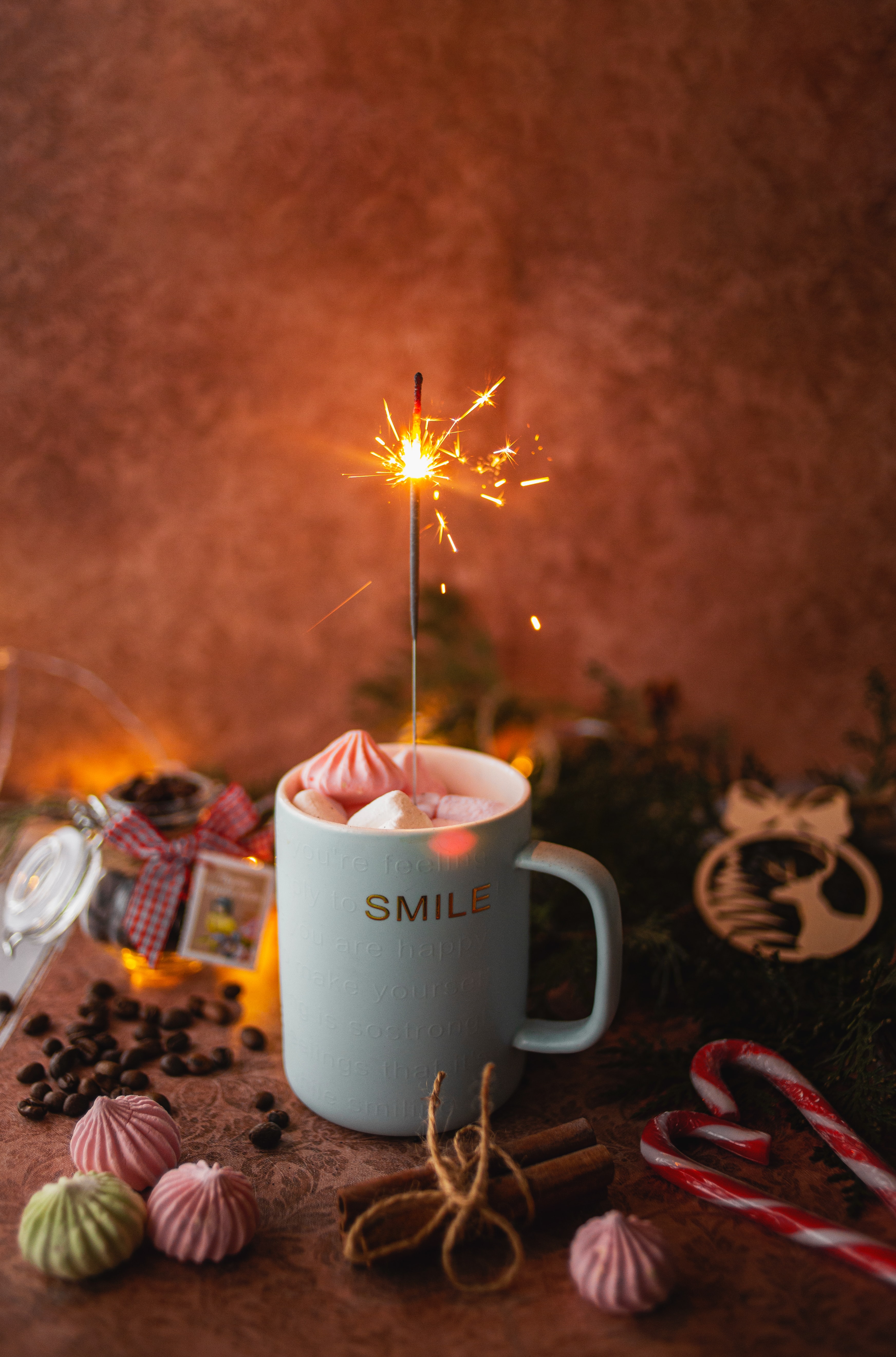 mug, miscellanea, cup, holiday, sparks, miscellaneous, marshmallow, bengal lights, sparklers, zephyr Free Stock Photo