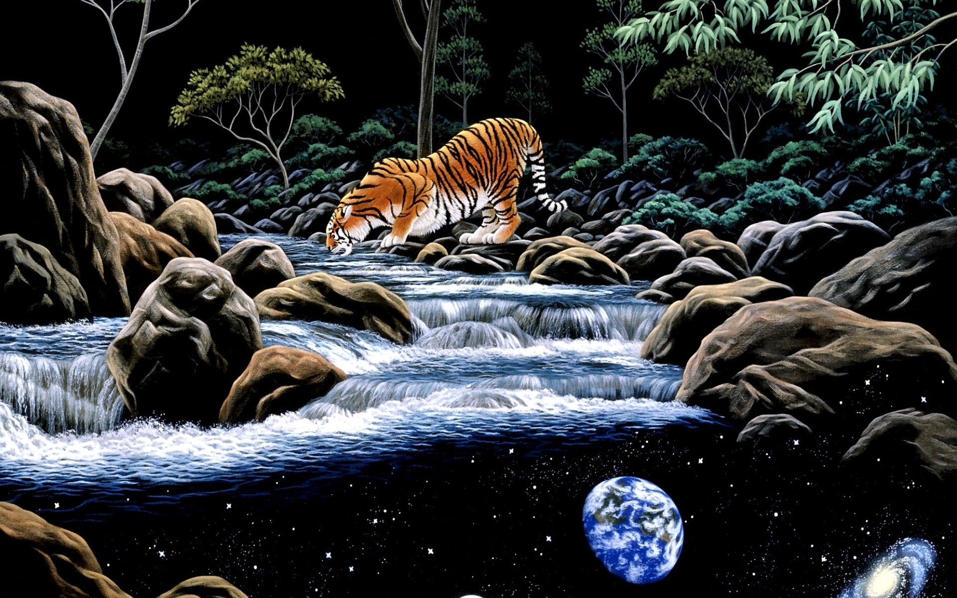 Тигр у водопада картина