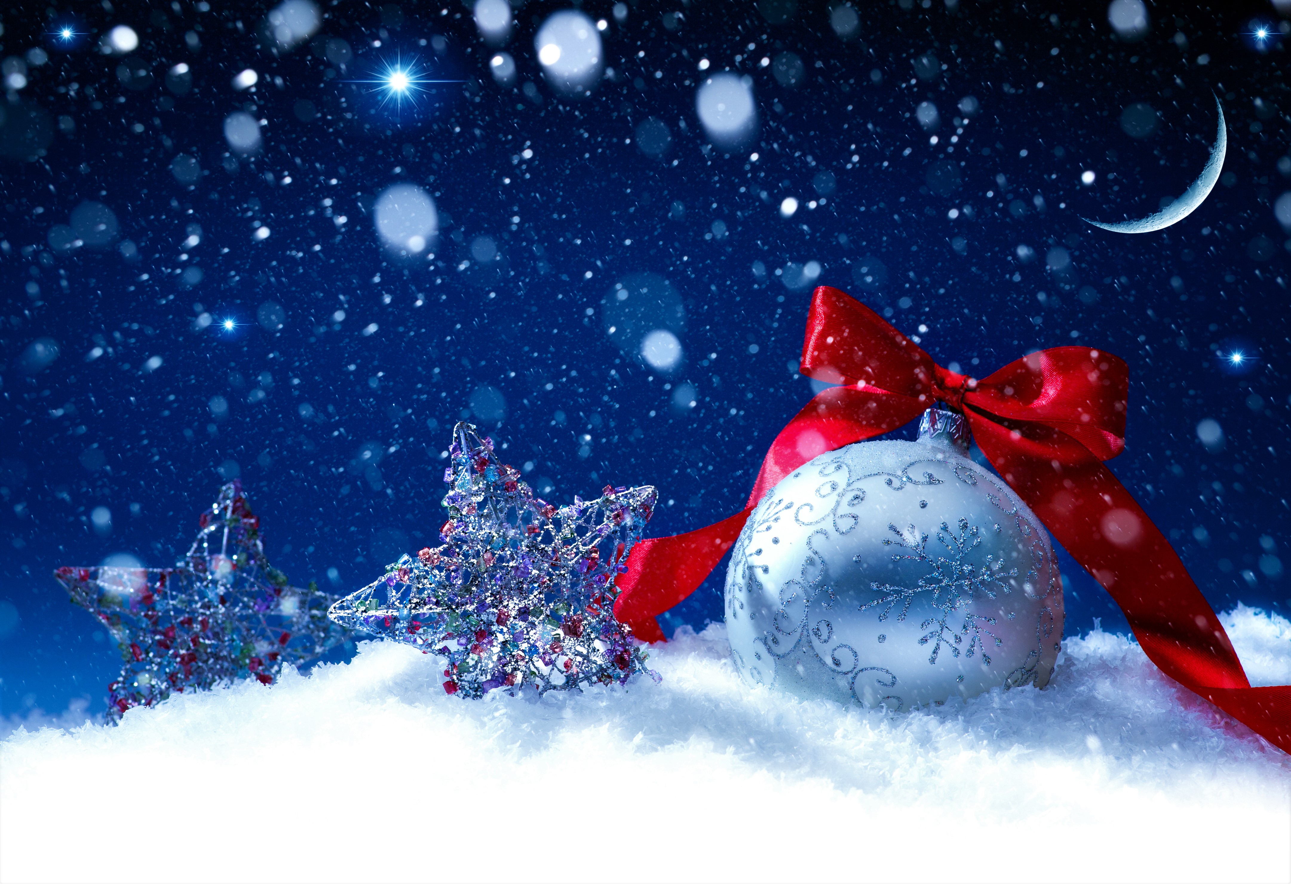 silver, holiday, christmas, christmas ornaments, ribbon, snow, sparkles, star