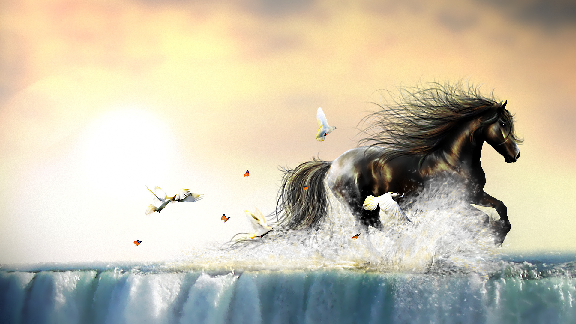 Лошадь на фоне водопада