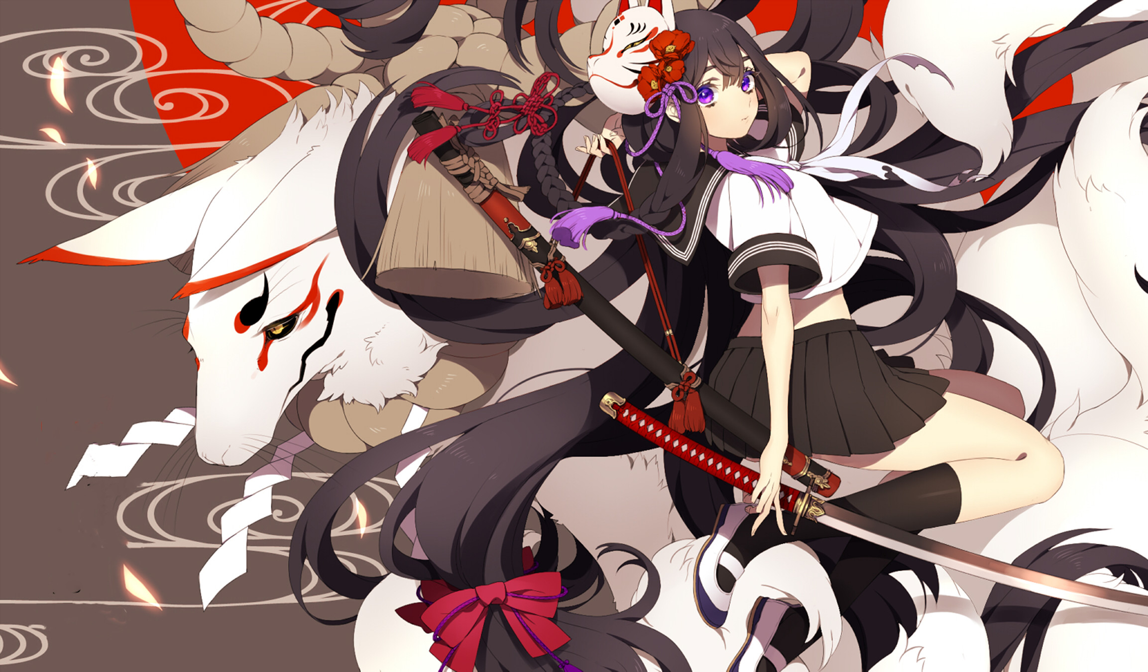 anime, original, beast, katana, long hair, mask, painting, purple eyes, school uniform Phone Background