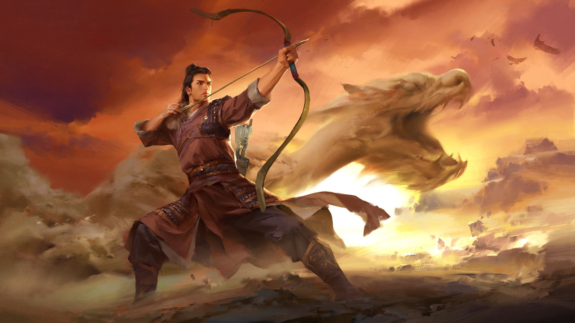 fantasy, archer, bow, dragon, dust, oriental, warrior