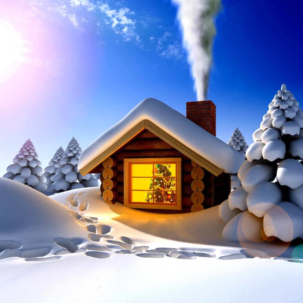 1229003 Bild herunterladen feiertage, weihnachten, rauch, hütte, kabine, schnee, baum, 3d, fenster, winter - Hintergrundbilder und Bildschirmschoner kostenlos