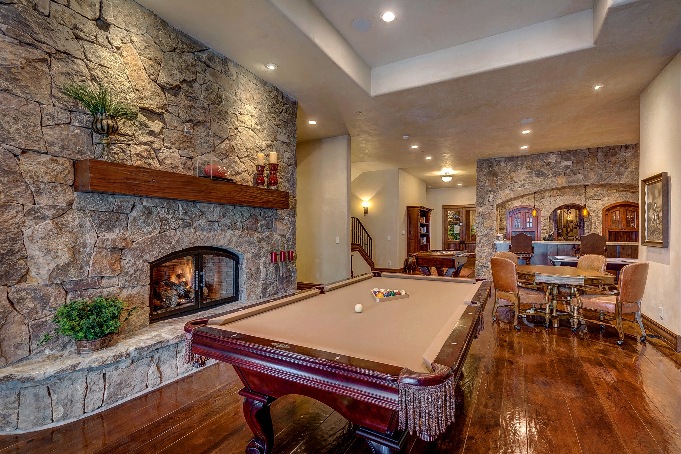man made, room, bar, fireplace, pool table, pot plant, snooker, table