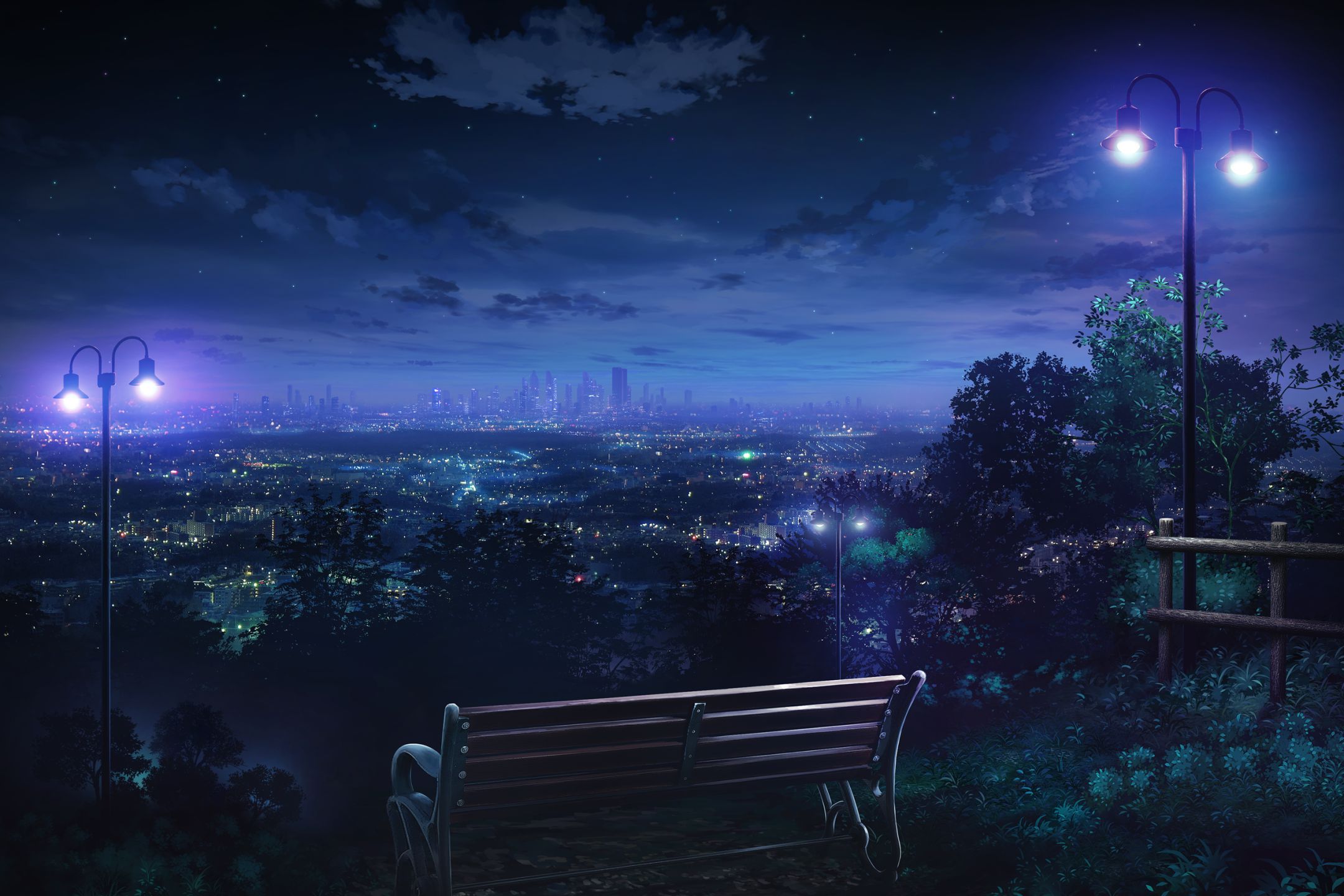 HD desktop wallpaper: Anime, Night, City, Bench, Street Light download free  picture #1399695