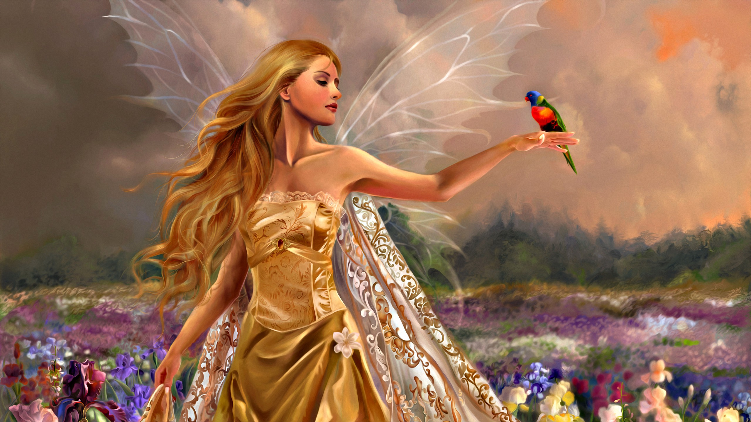 Download mobile wallpaper Fantasy, Flower, Field, Fairy, Parrot for free.