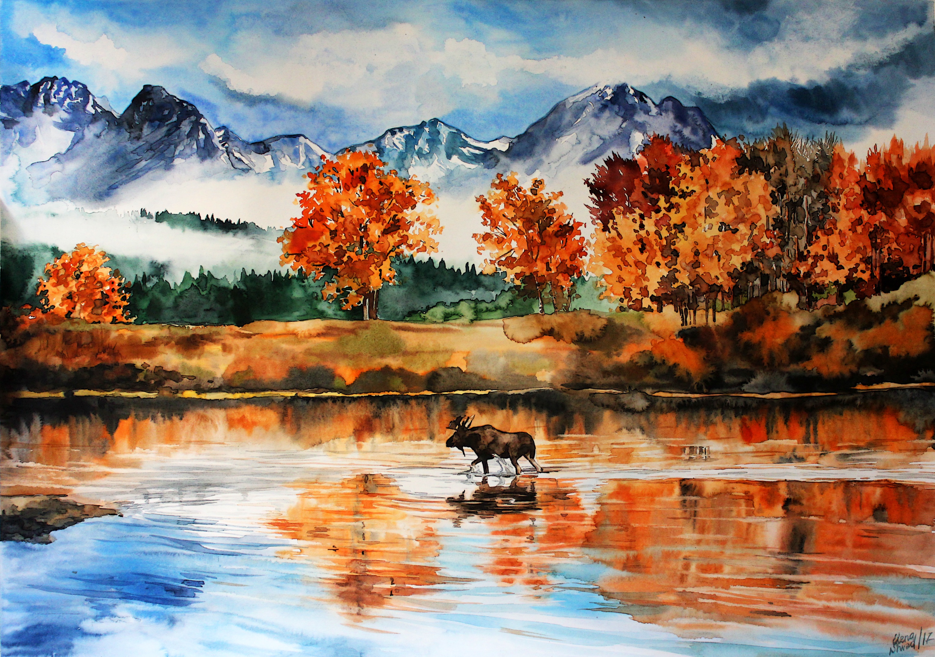 watercolor, nature, painting, artistic, elk, fall, lake, mountain, reflection