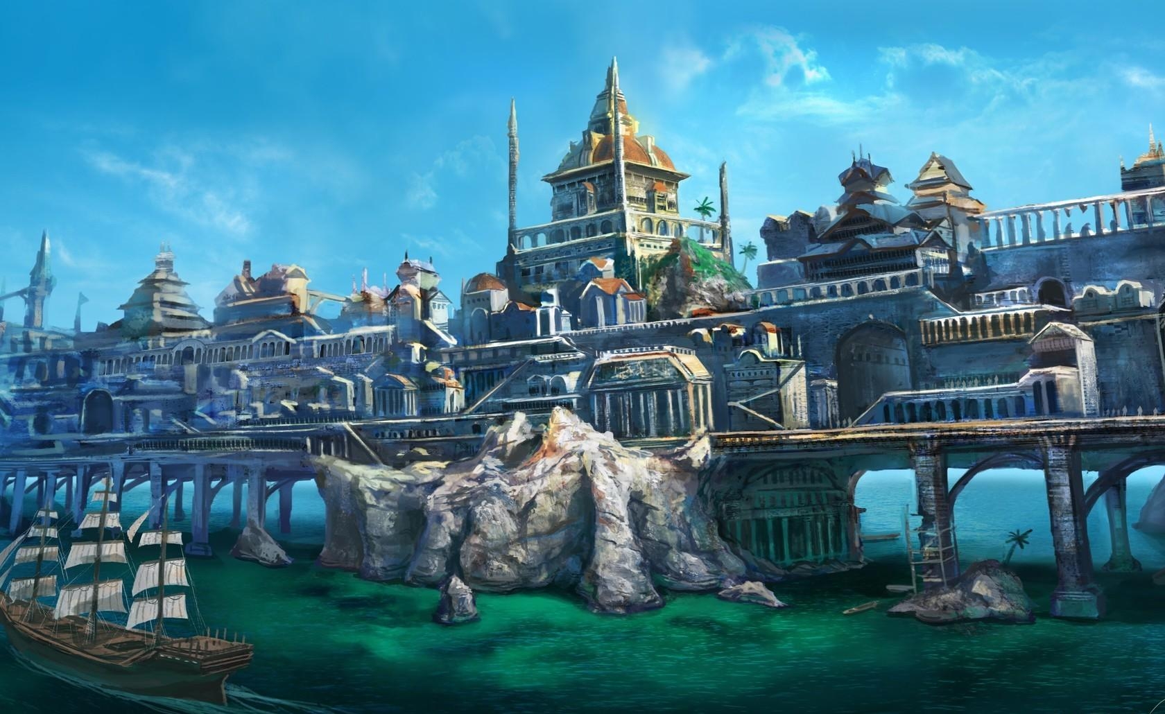 Download mobile wallpaper City, Bridge, Sea, Ship, Fantasy for free.