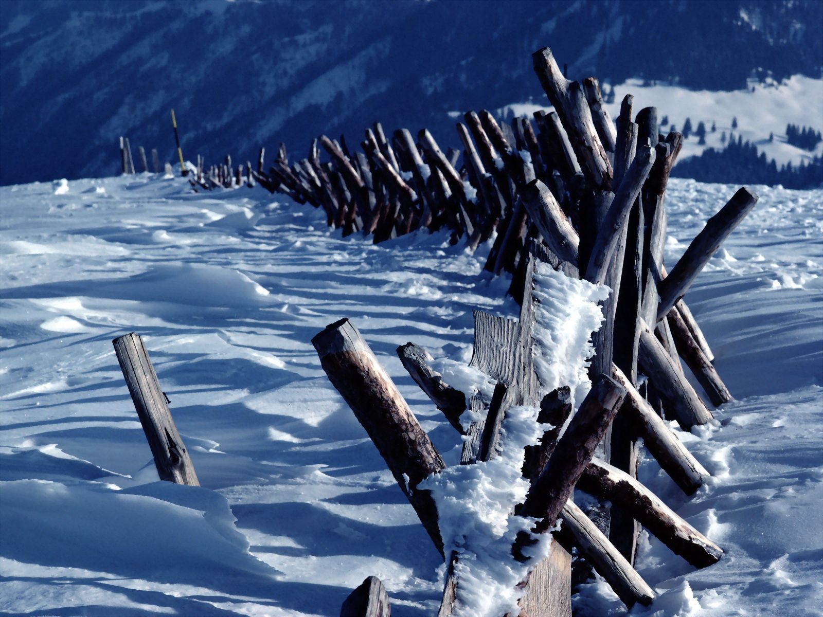 nature, mountains, snow, fence, hedge, logs wallpaper for mobile