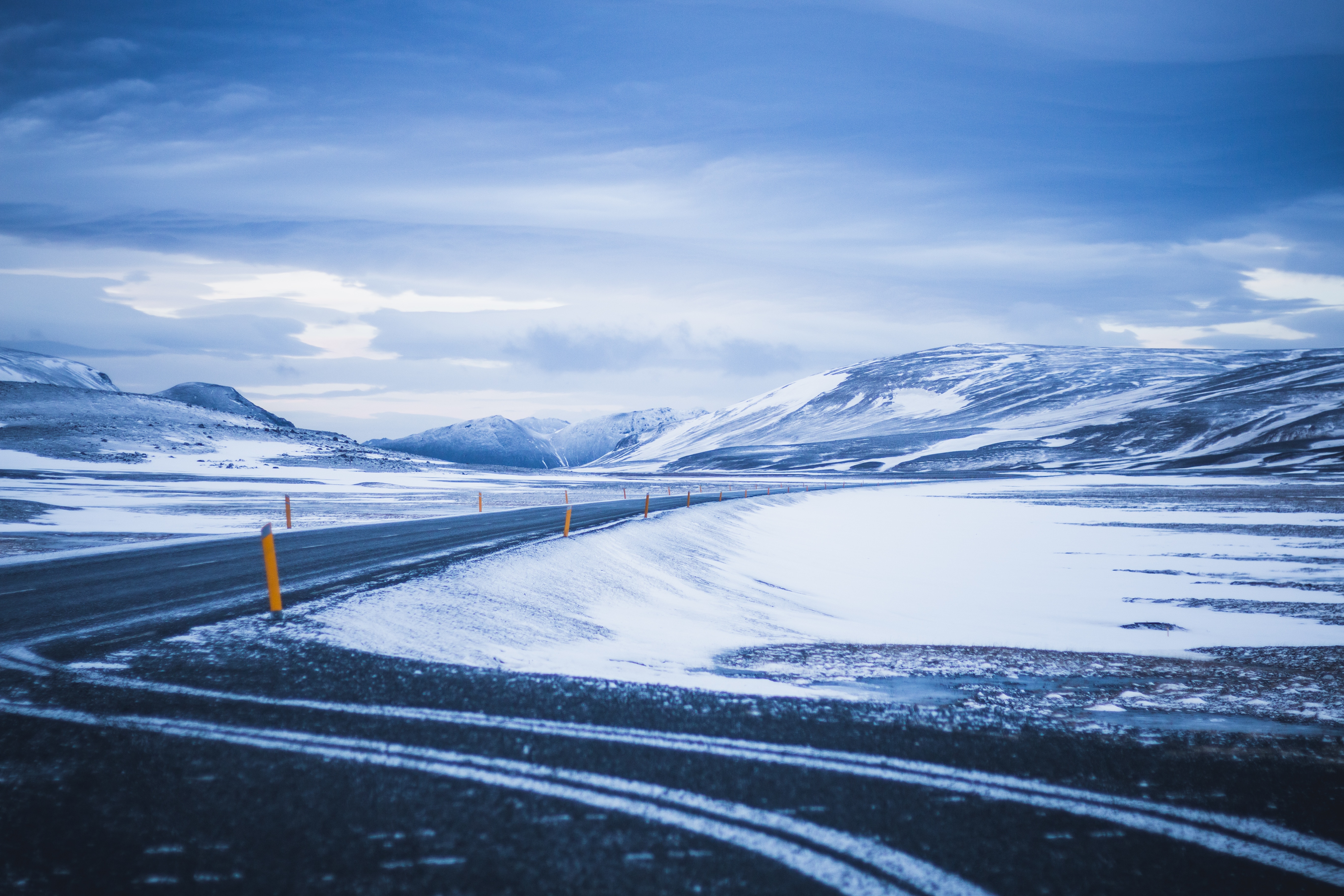 winter, nature, mountains, snow, road, turn, snow covered, snowbound desktop HD wallpaper