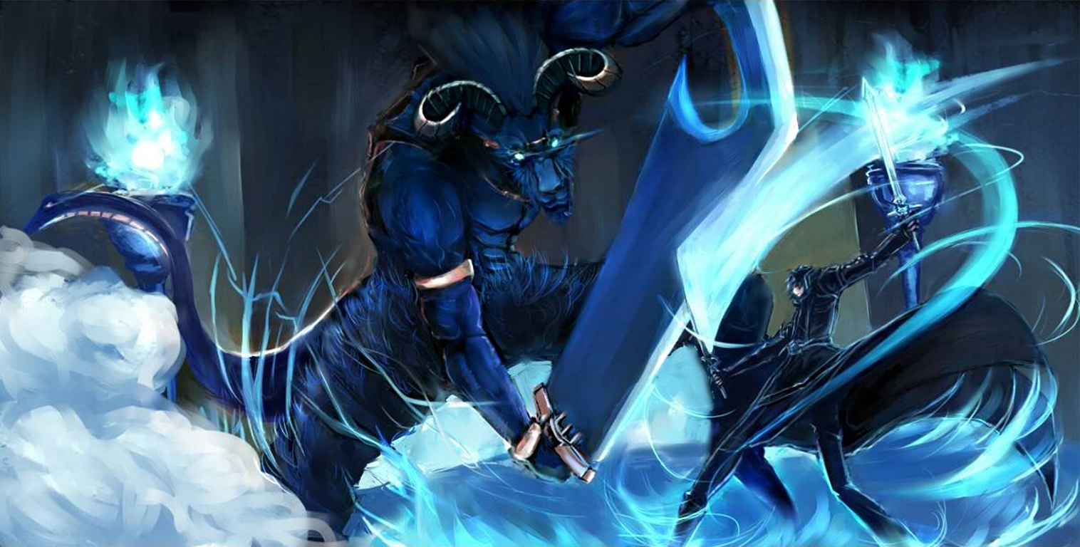 wallpapers sword art online, anime, coat, glowing eyes, horns, kirito (sword art online), sword, tail, the gleam eyes, weapon