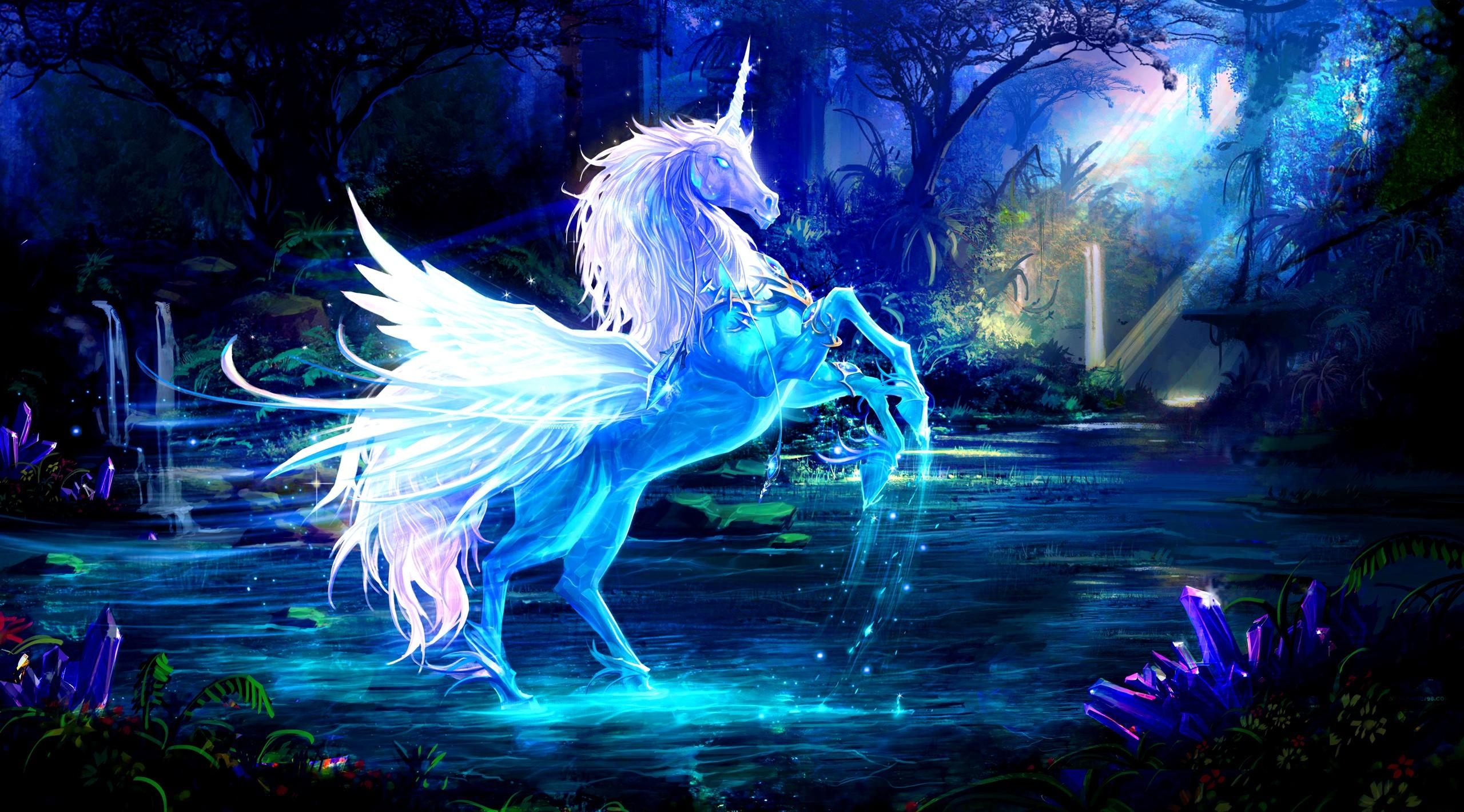 water, magic, unicorn, night, forest, fantasy