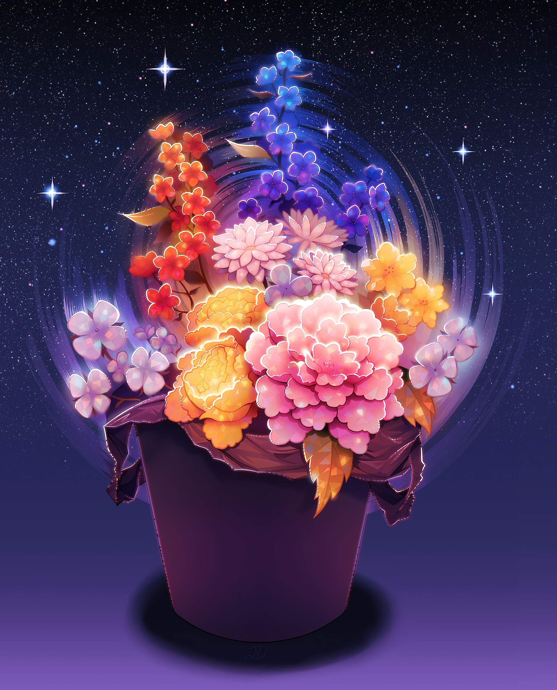 Download mobile wallpaper Starry Sky, Art, Stars, Flowers, Universe for free.