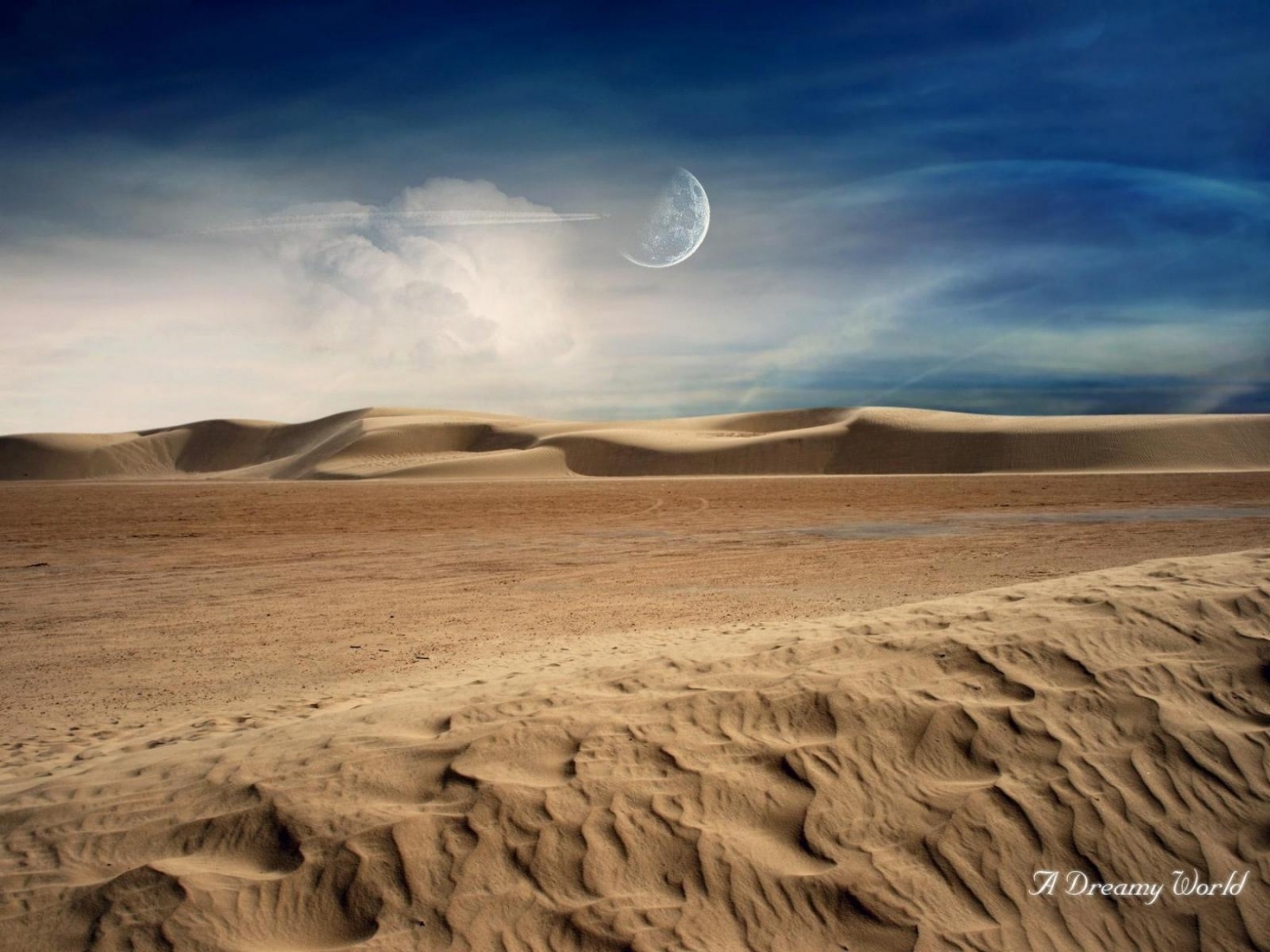 Скачать картинку Песок, Облака, Пейзаж, Пустыня, Луна в телефон бесплатно.