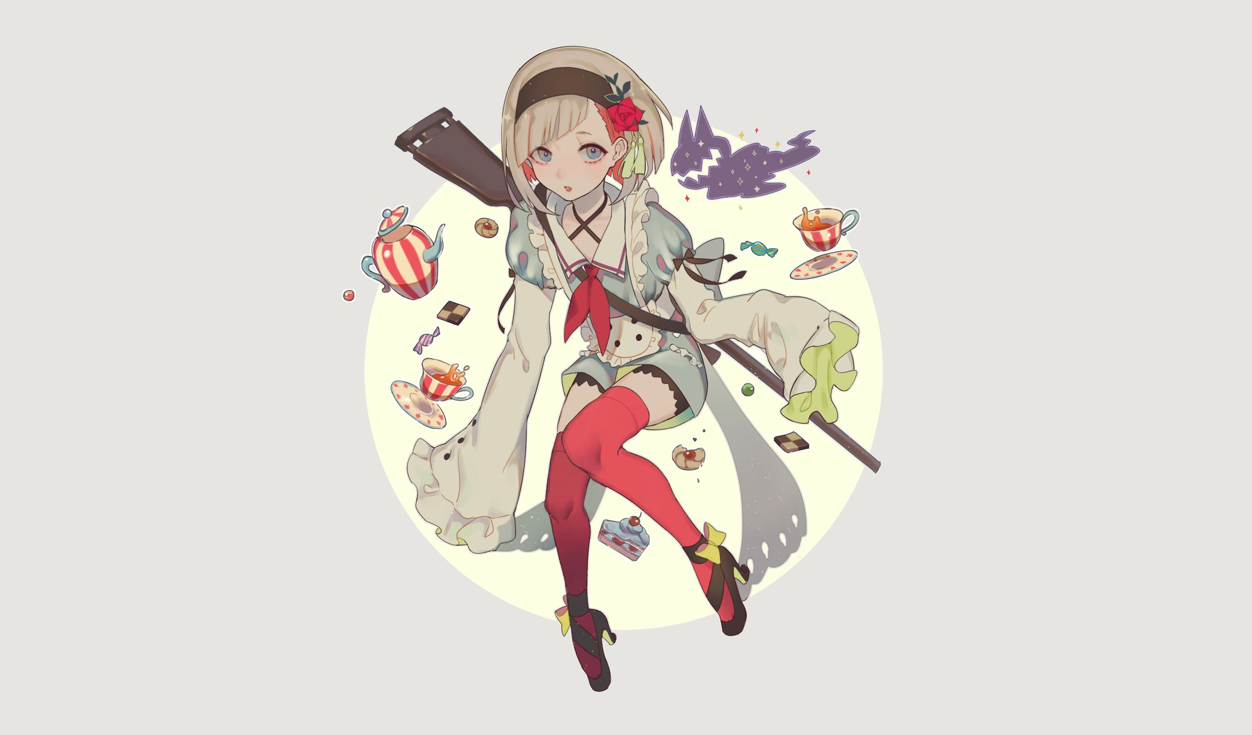 anime, original, blonde, blue eyes, flower, gun, headband, short hair, tea cup, teapot phone background