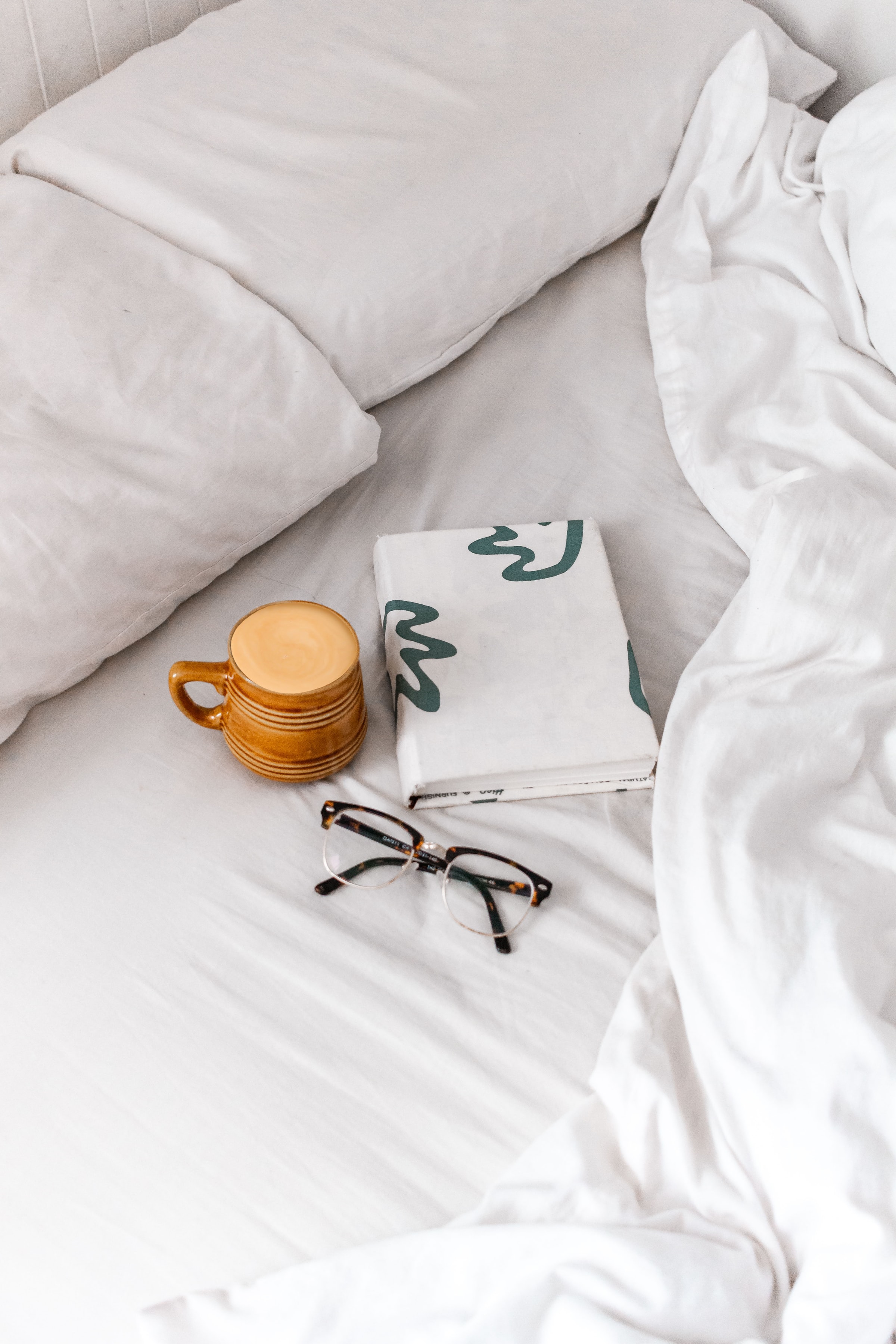 bed, coffee, miscellanea, miscellaneous, cup, book, glasses, spectacles Full HD