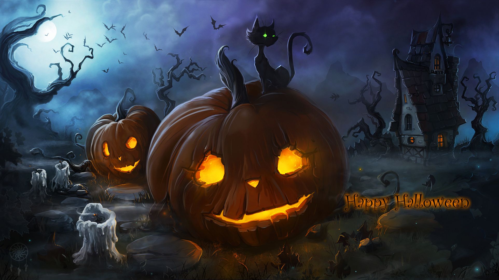 Download mobile wallpaper Halloween, Cat, Holiday, Candle, Jack O' Lantern, Haunted House, Happy Halloween for free.