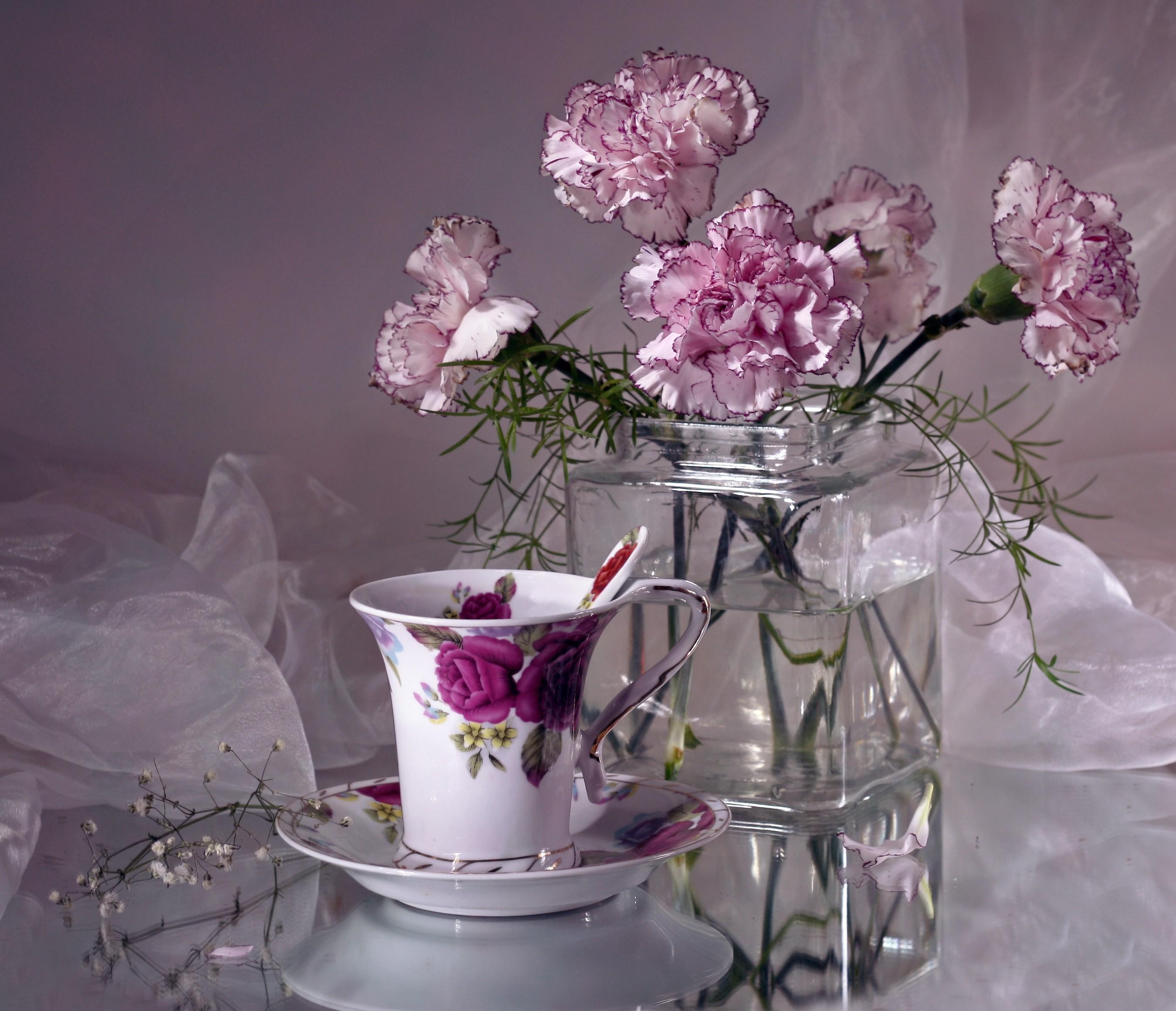 104639 скачать обои гвоздики, ваза, чайная пара, цветы - заставки и картинки бесплатно