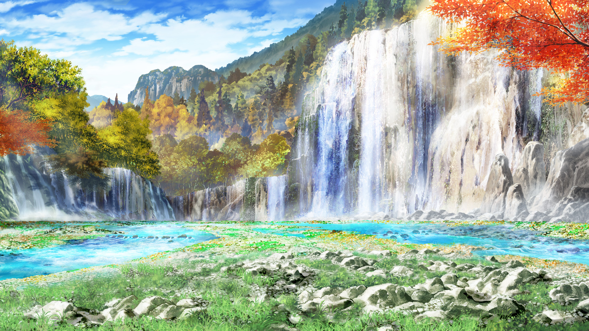 anime - style illustration of waterfall cascading onto | Stable Diffusion