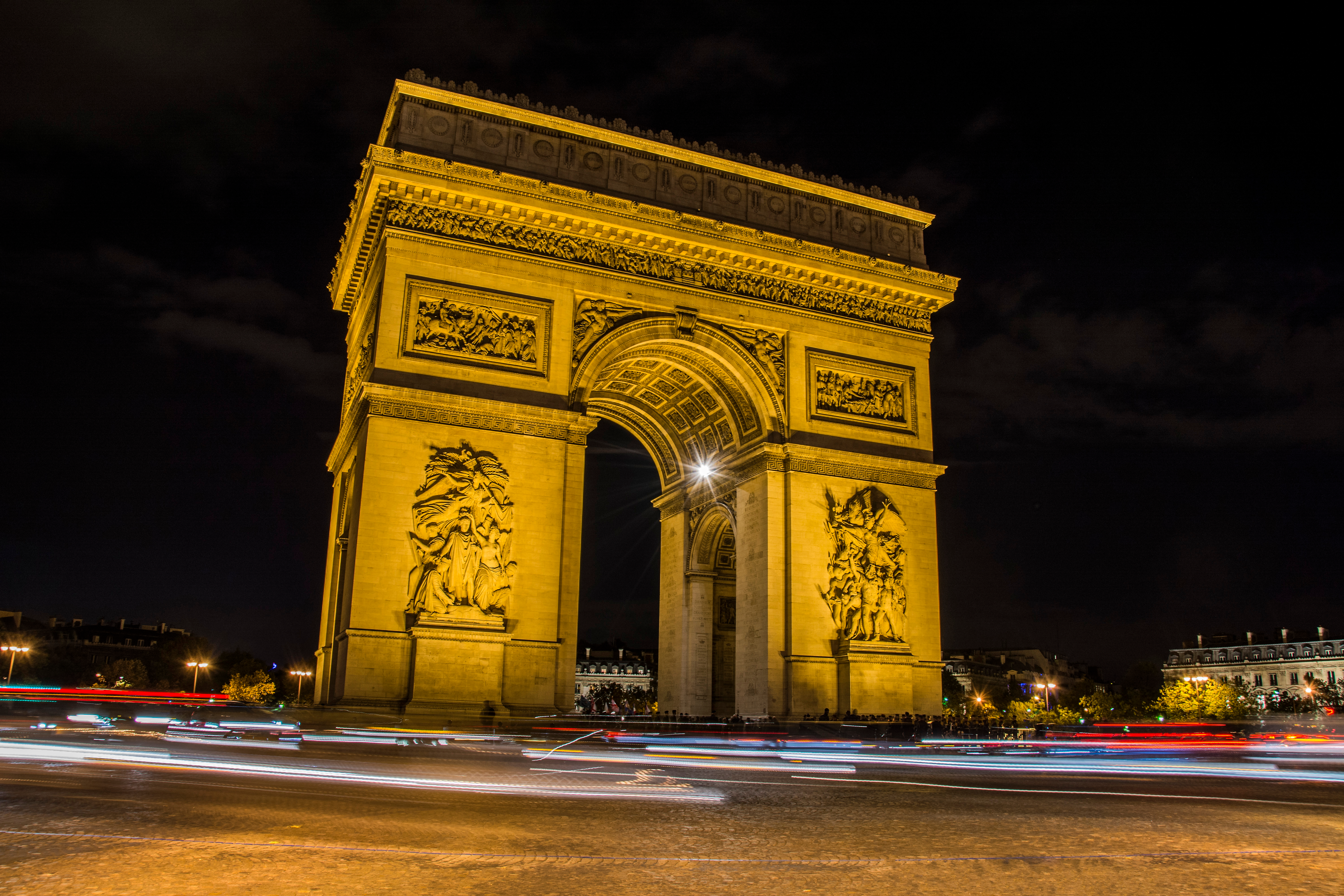 1524850壁紙のダウンロードマンメイド, 凱旋門, フランス, 光, 記念碑, 夜, パリ, タイムラプス, モニュメント-スクリーンセーバーと写真を無料で