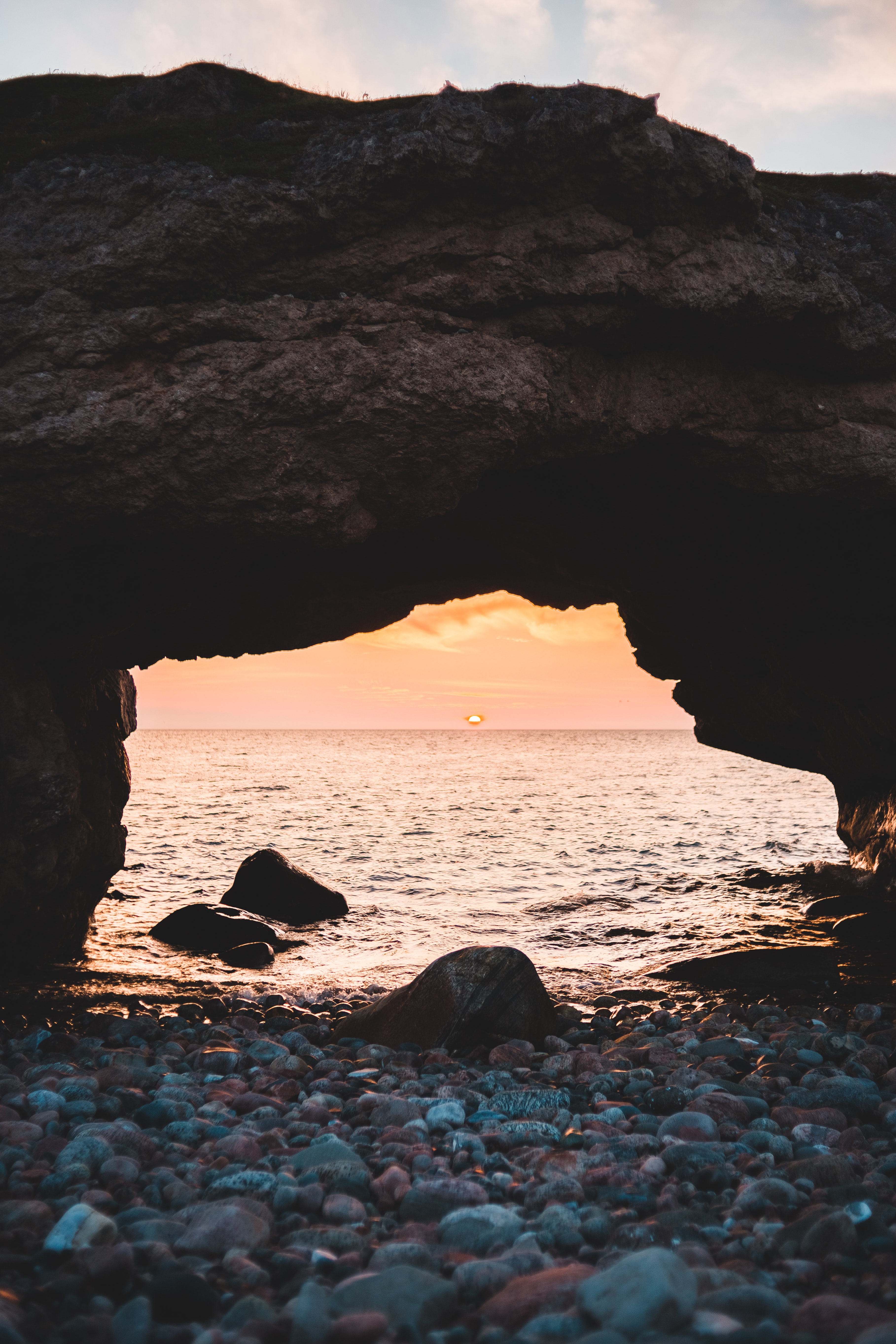 nature, sunset, stones, pebble, sea, coast, arch