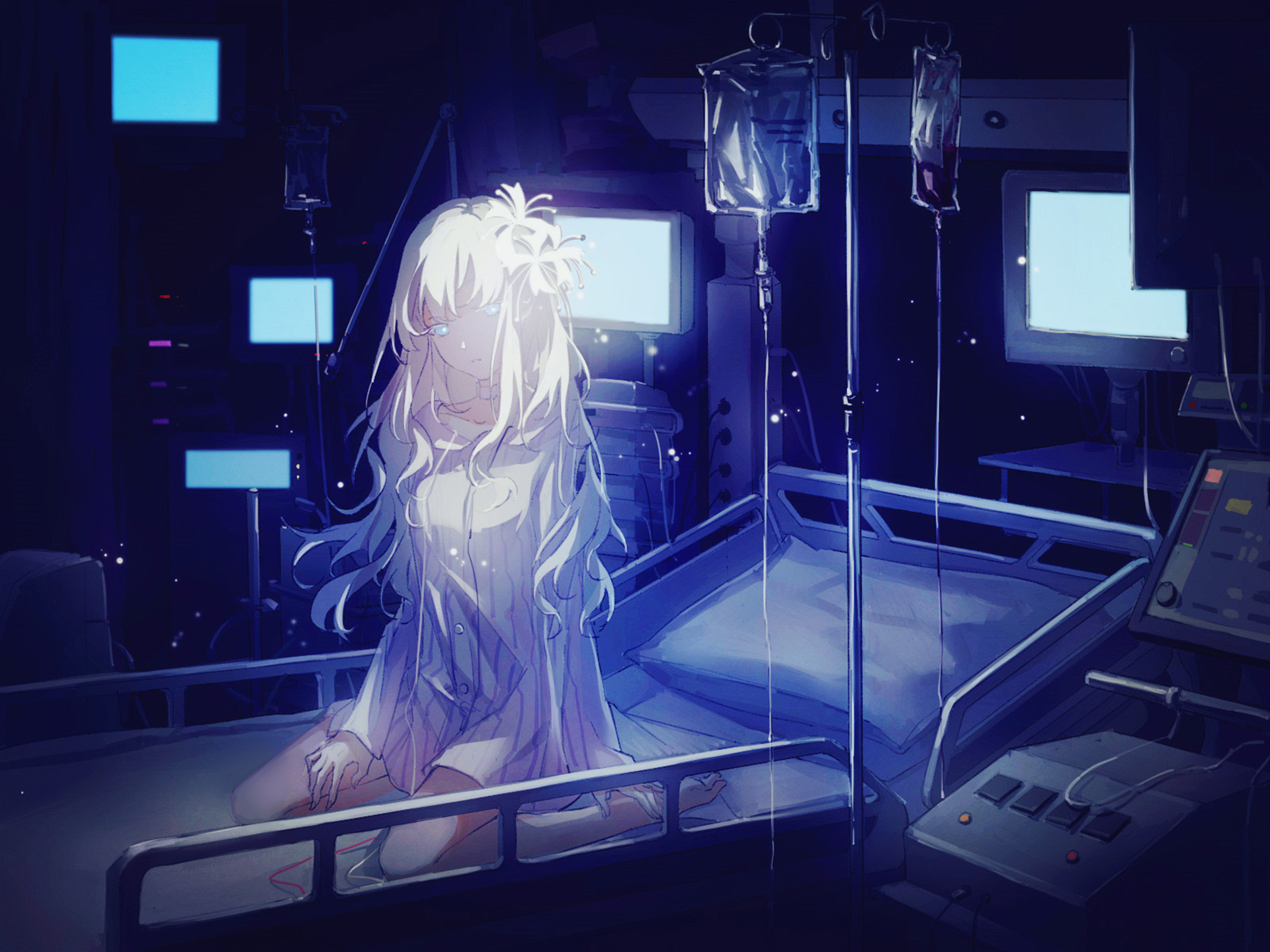 anime, original, hospital, white hair cellphone