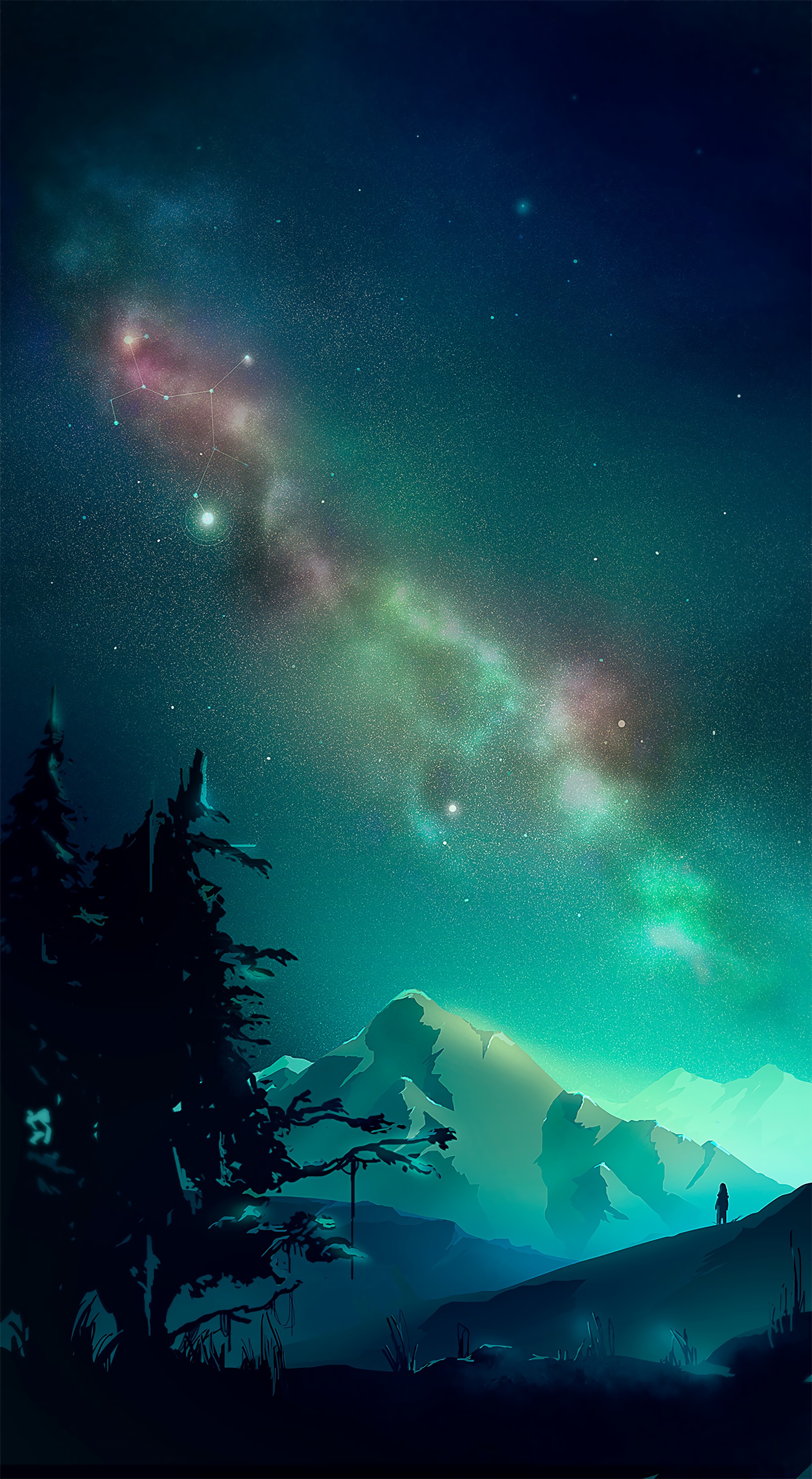 android vector, aurora borealis, art, landscape, mountains, northern lights, night