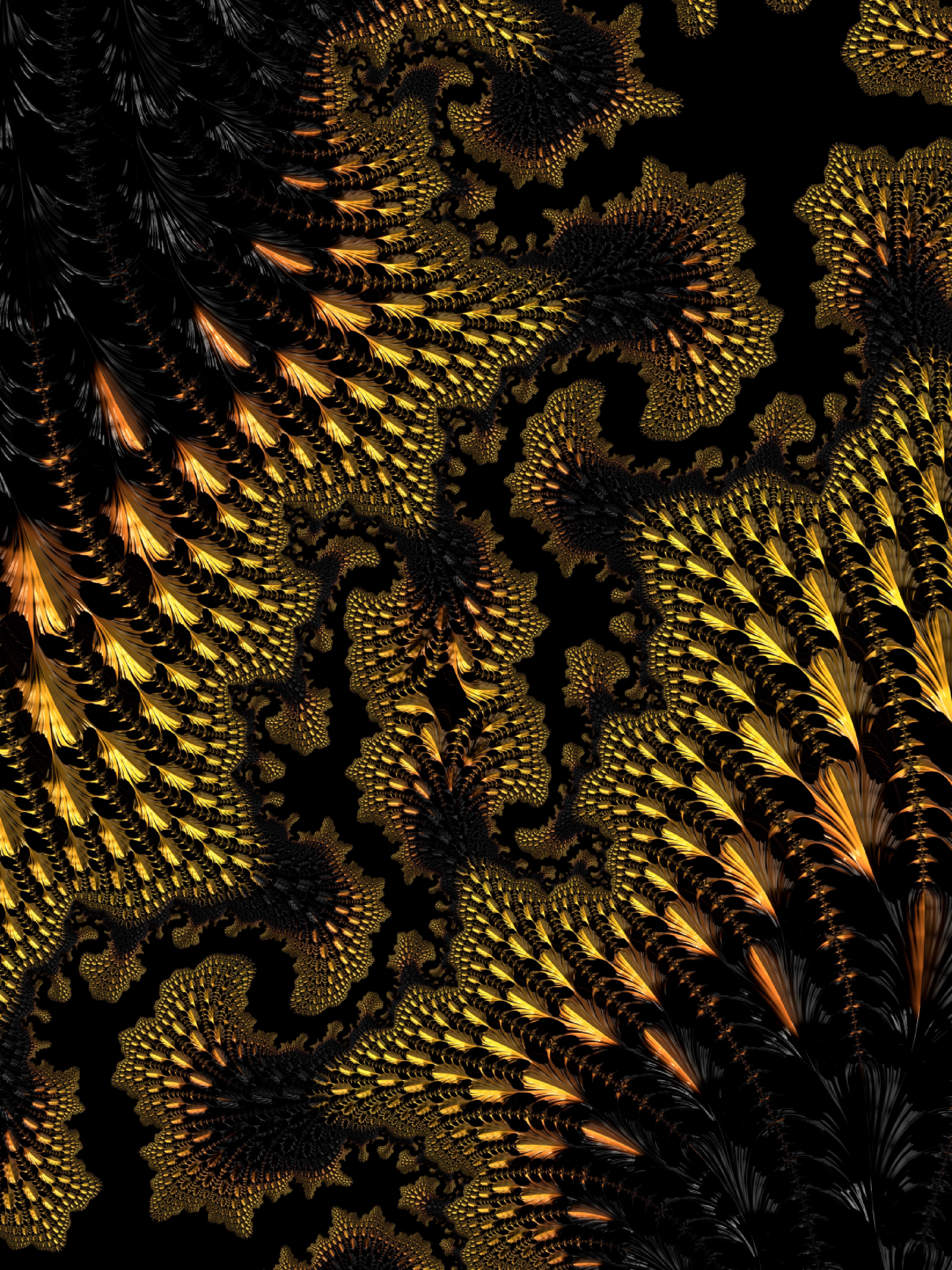fractal, 3d, abstract, black, yellow, winding, sinuous, ornate
