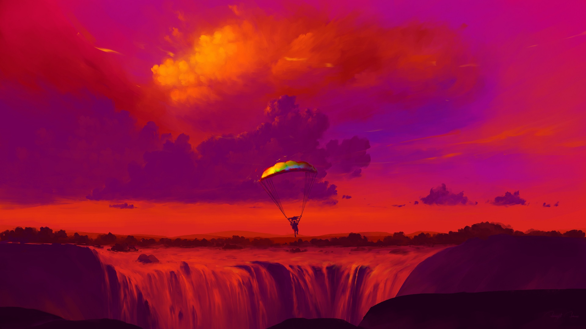 artistic, parachutist, cloud, landscape, red, sky, waterfall
