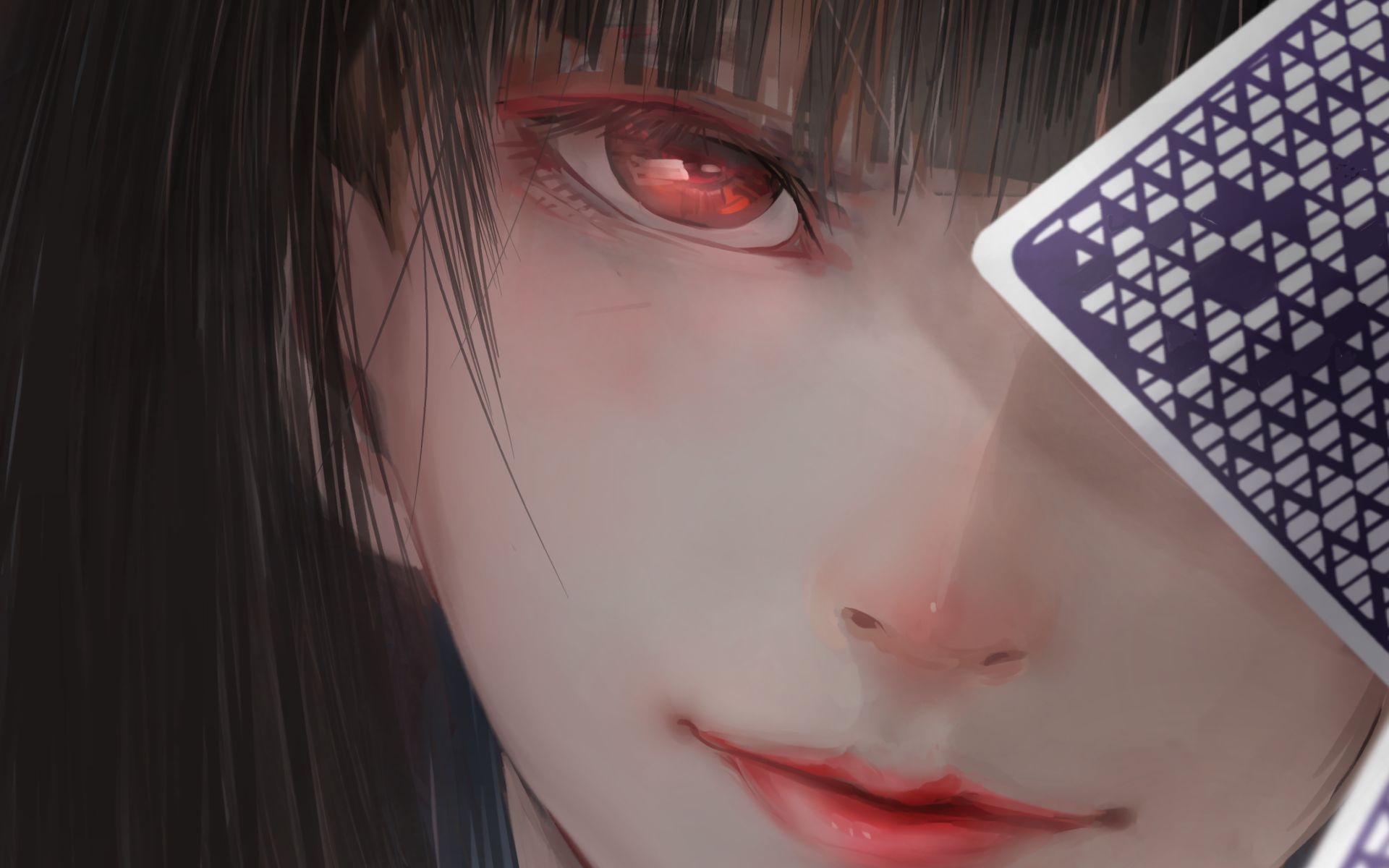 close up, red eyes, anime, kakegurui, black hair, card, yumeko jabami HD wallpaper