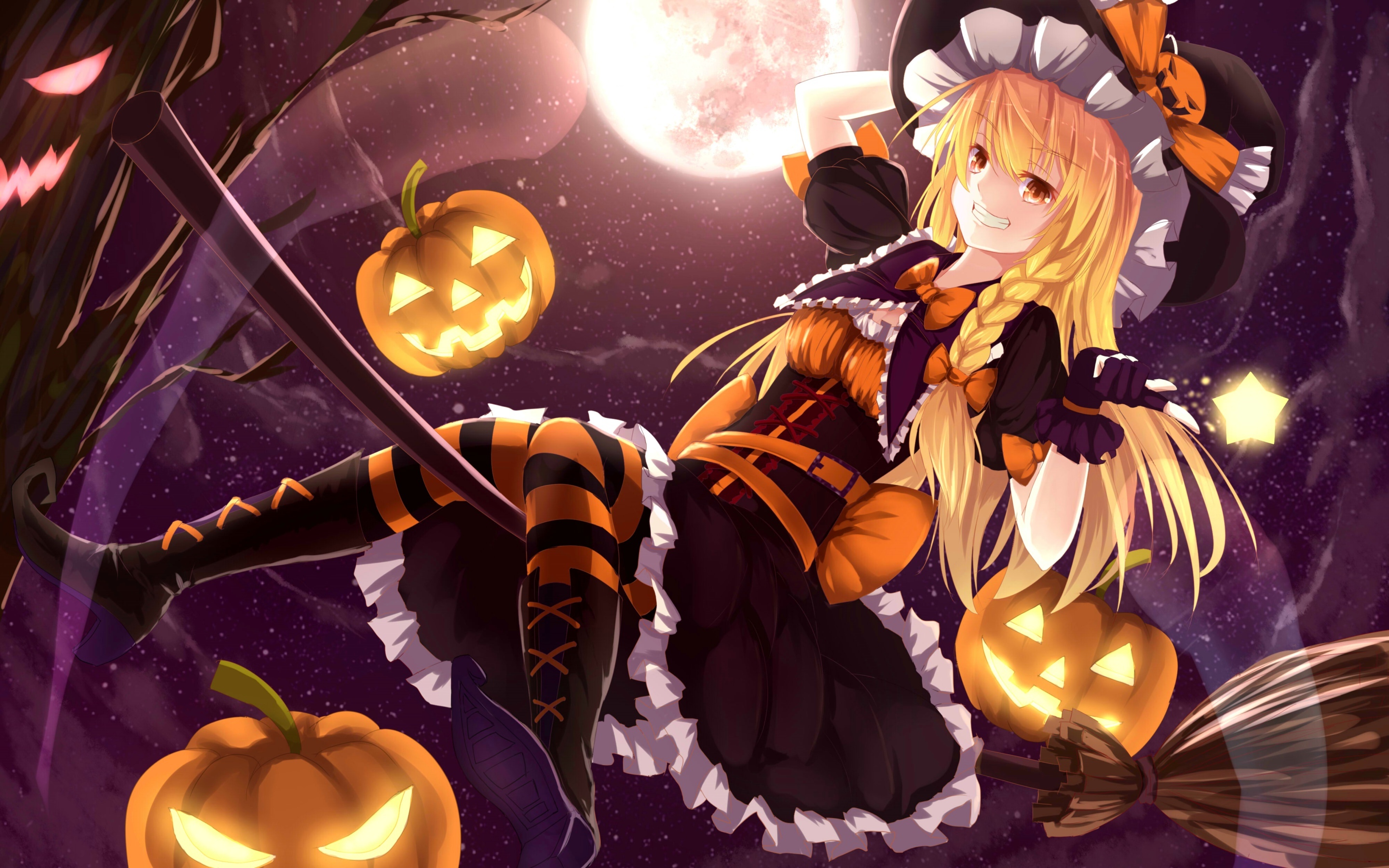 anime, touhou, blonde, braid, halloween, marisa kirisame, moon, night, pumpkin, smile, witch hat, witch, yellow eyes