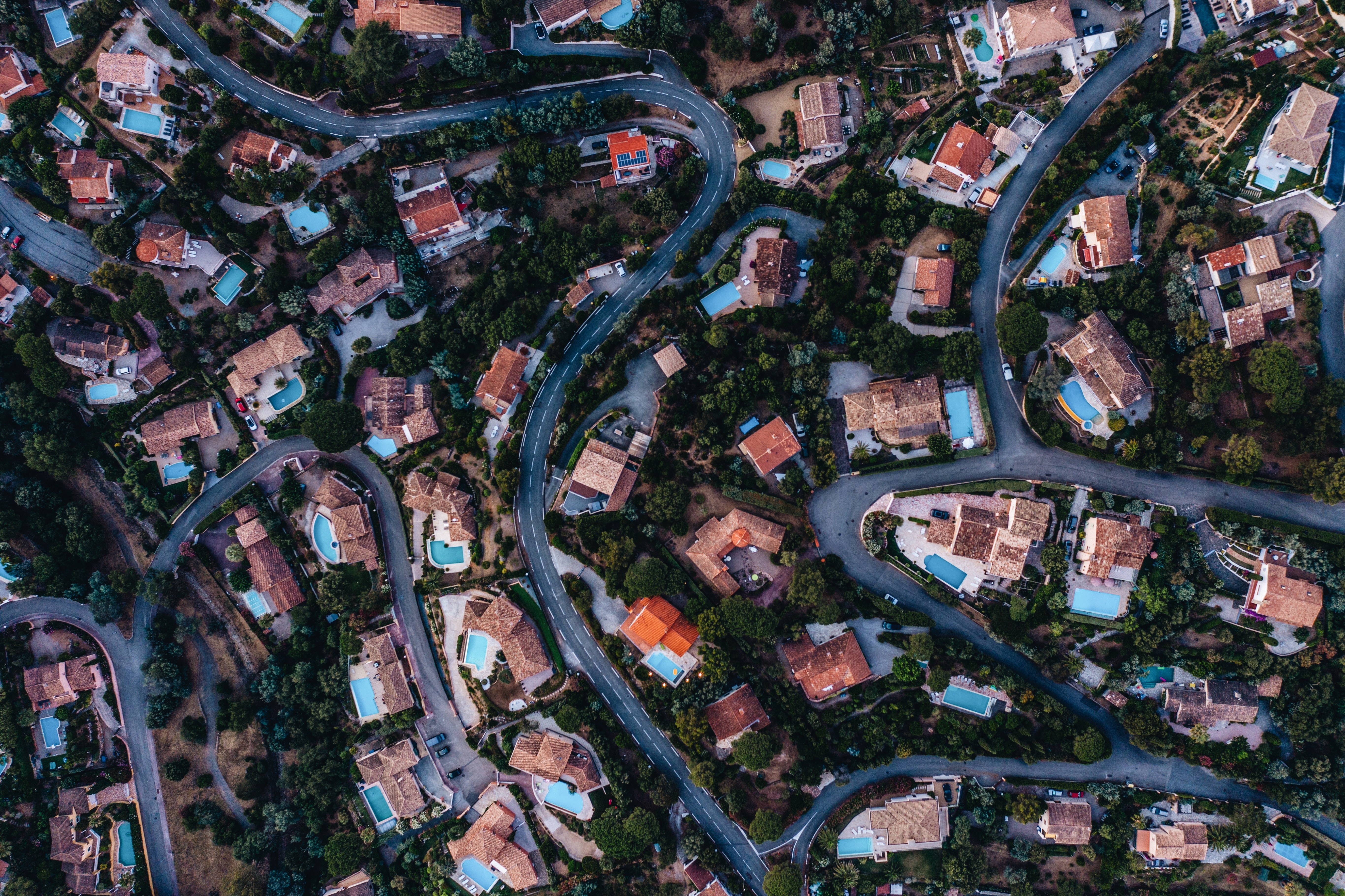 houses, view from above, miscellanea, miscellaneous, road, winding, sinuous