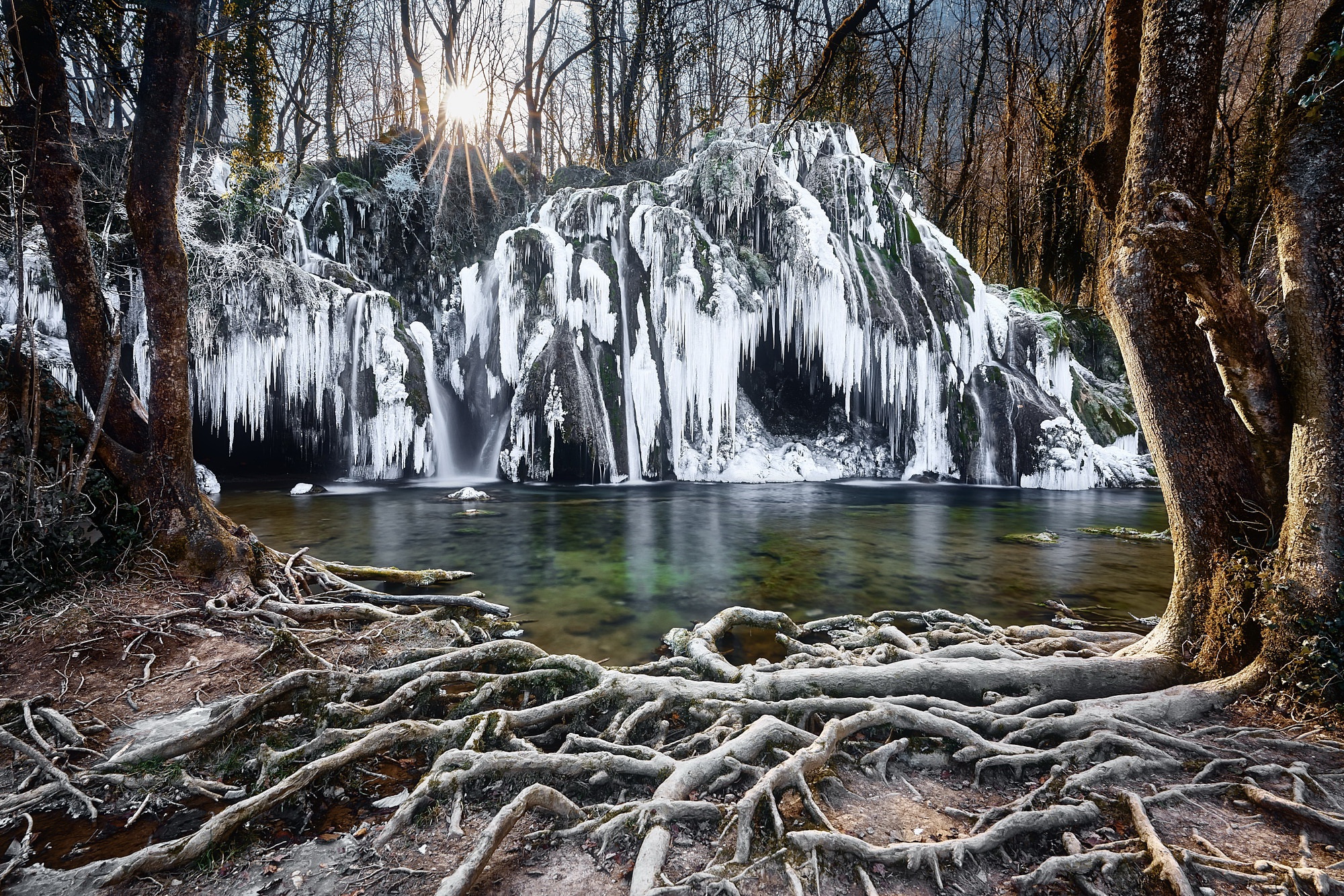Download mobile wallpaper Winter, Nature, Waterfalls, Waterfall, Earth, Roots, Frozen for free.
