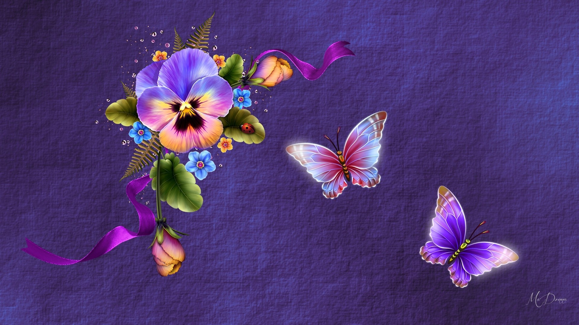 835506 descargar fondo de pantalla artístico, primavera, mariposa, flor, pensamiento: protectores de pantalla e imágenes gratis