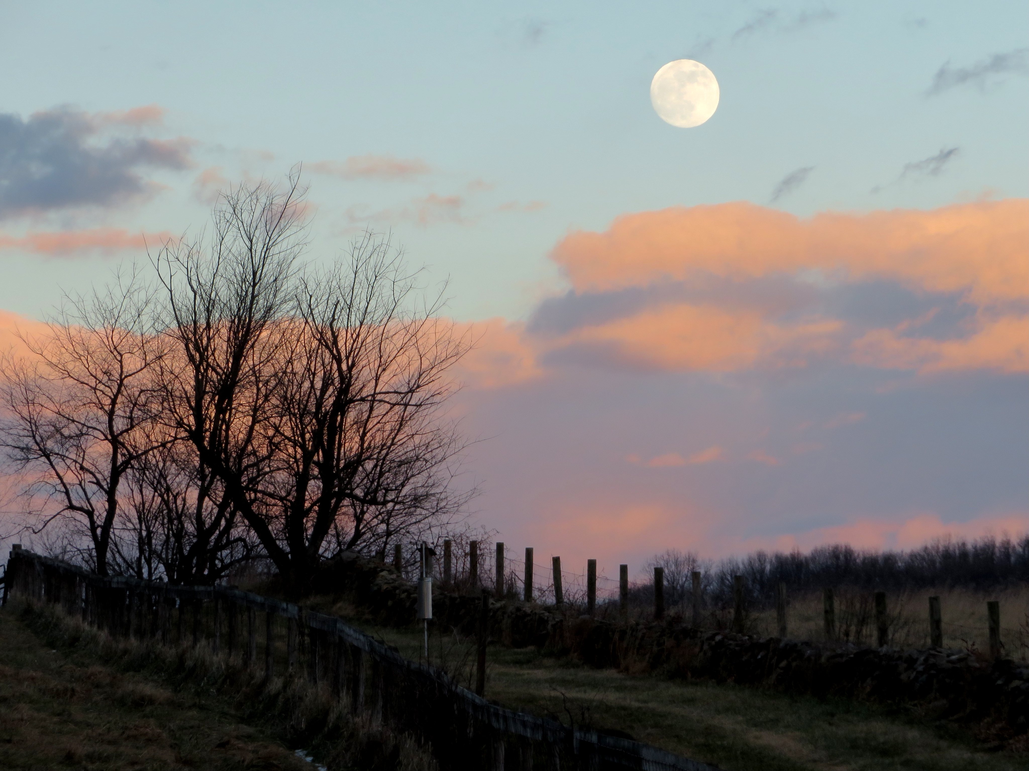 Download mobile wallpaper Fence, Clouds, Dusk, Twilight, Nature, Moon for free.