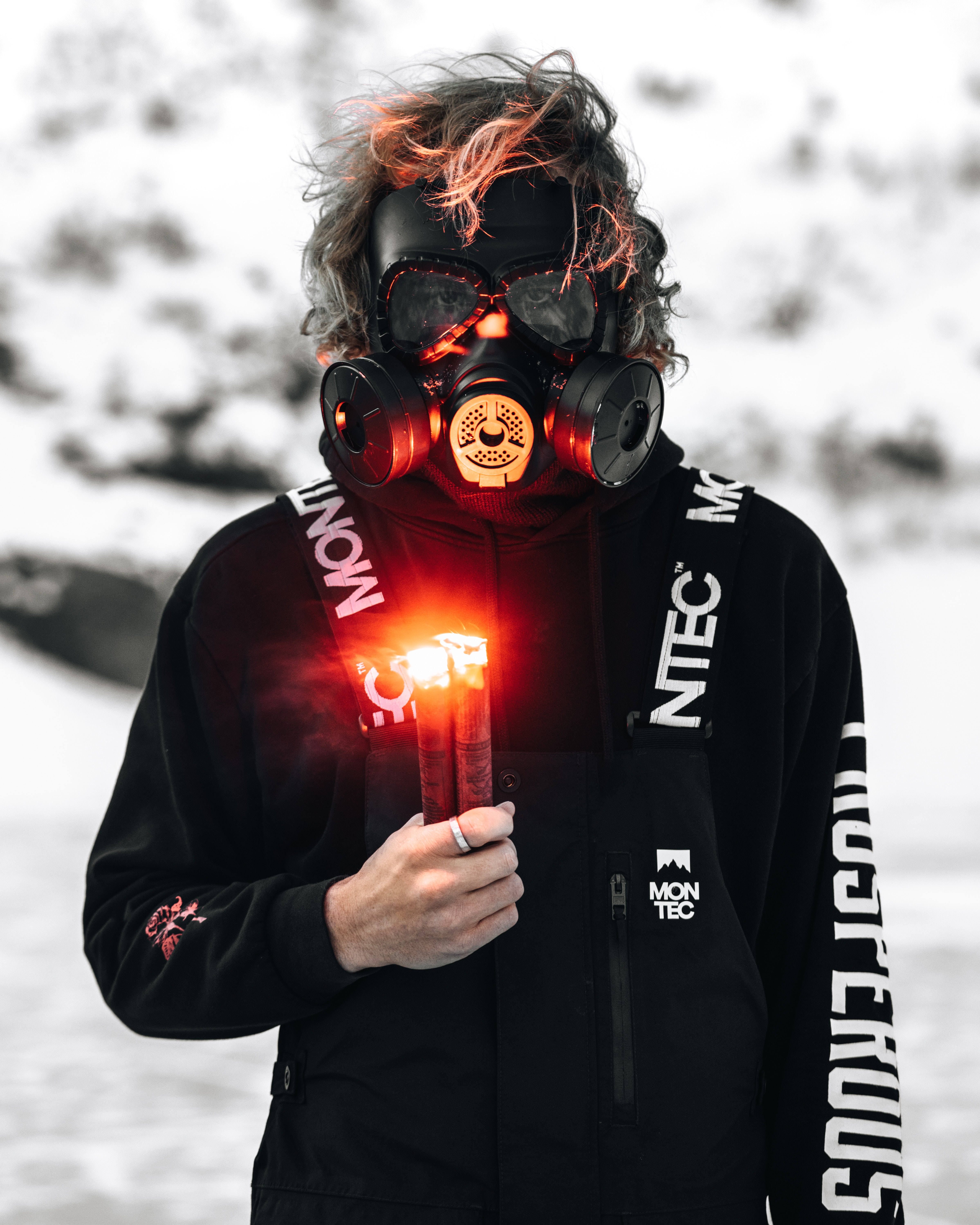 Download mobile wallpaper Fire, Sight, Opinion, Pyrotechnics, Miscellaneous, Miscellanea, Person, Gas Mask, Human, Mask for free.