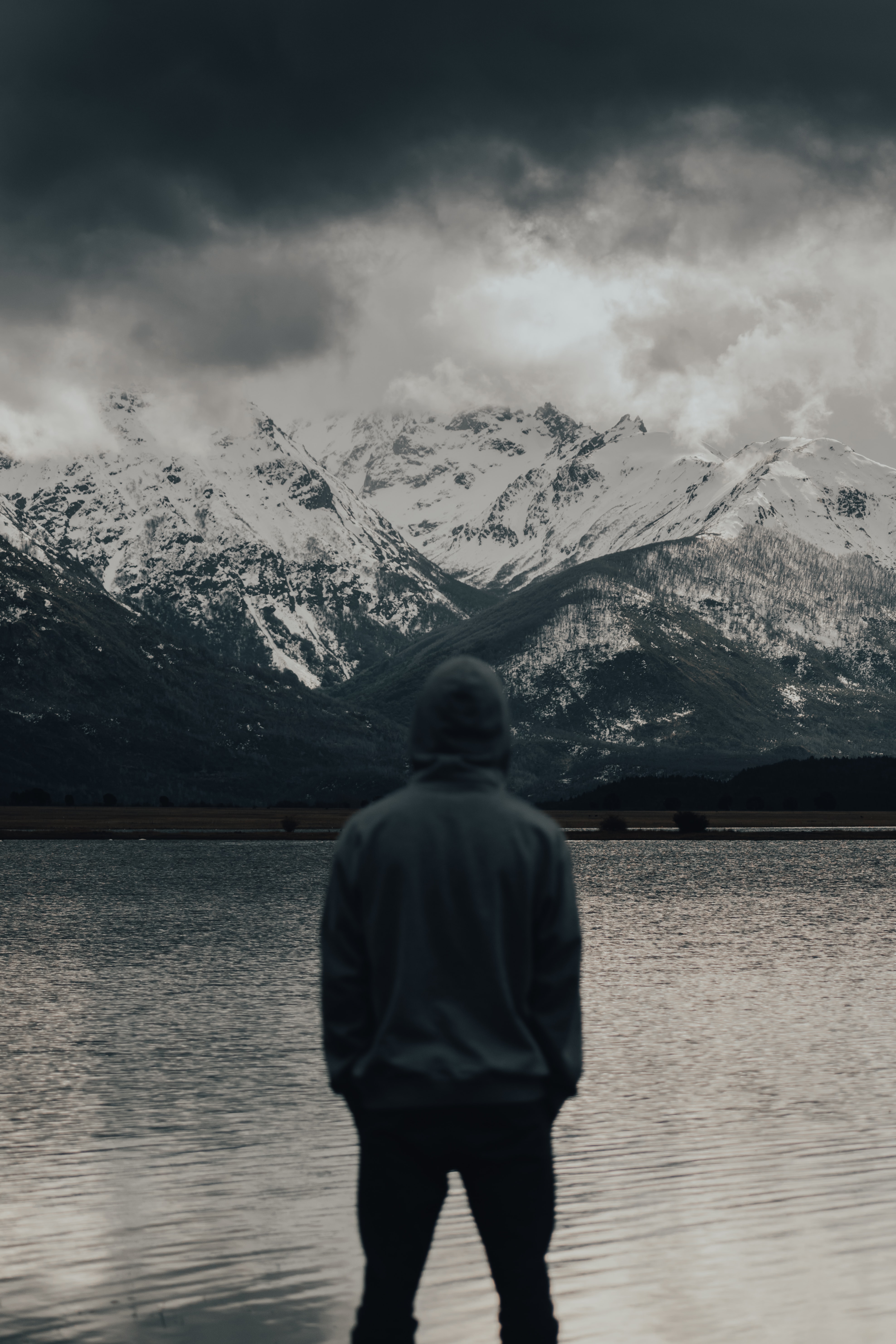 human, nature, mountains, lake, miscellanea, miscellaneous, person, loneliness Full HD