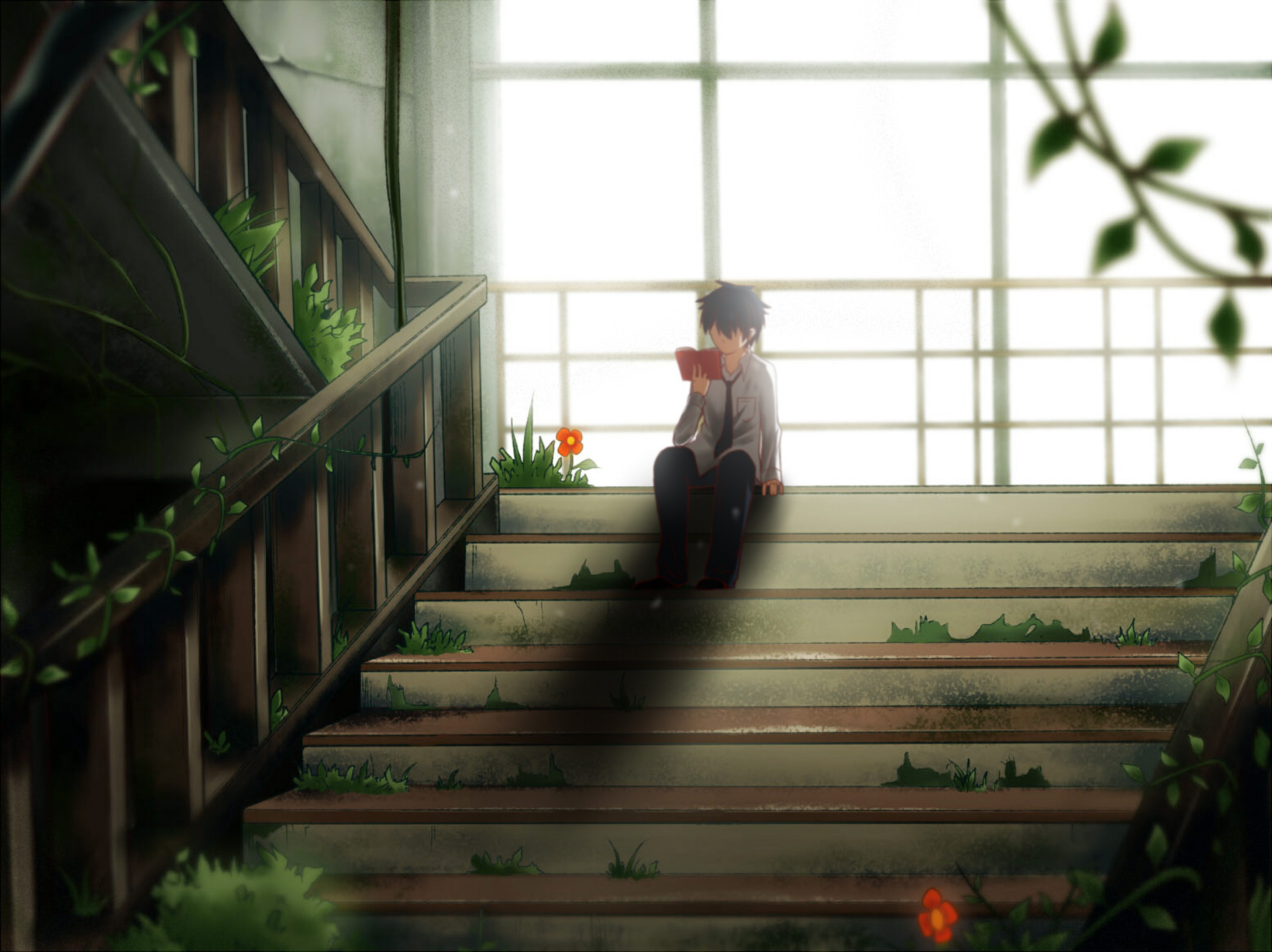 PC Wallpapers anime, original, abandoned, black hair, reading, stairs