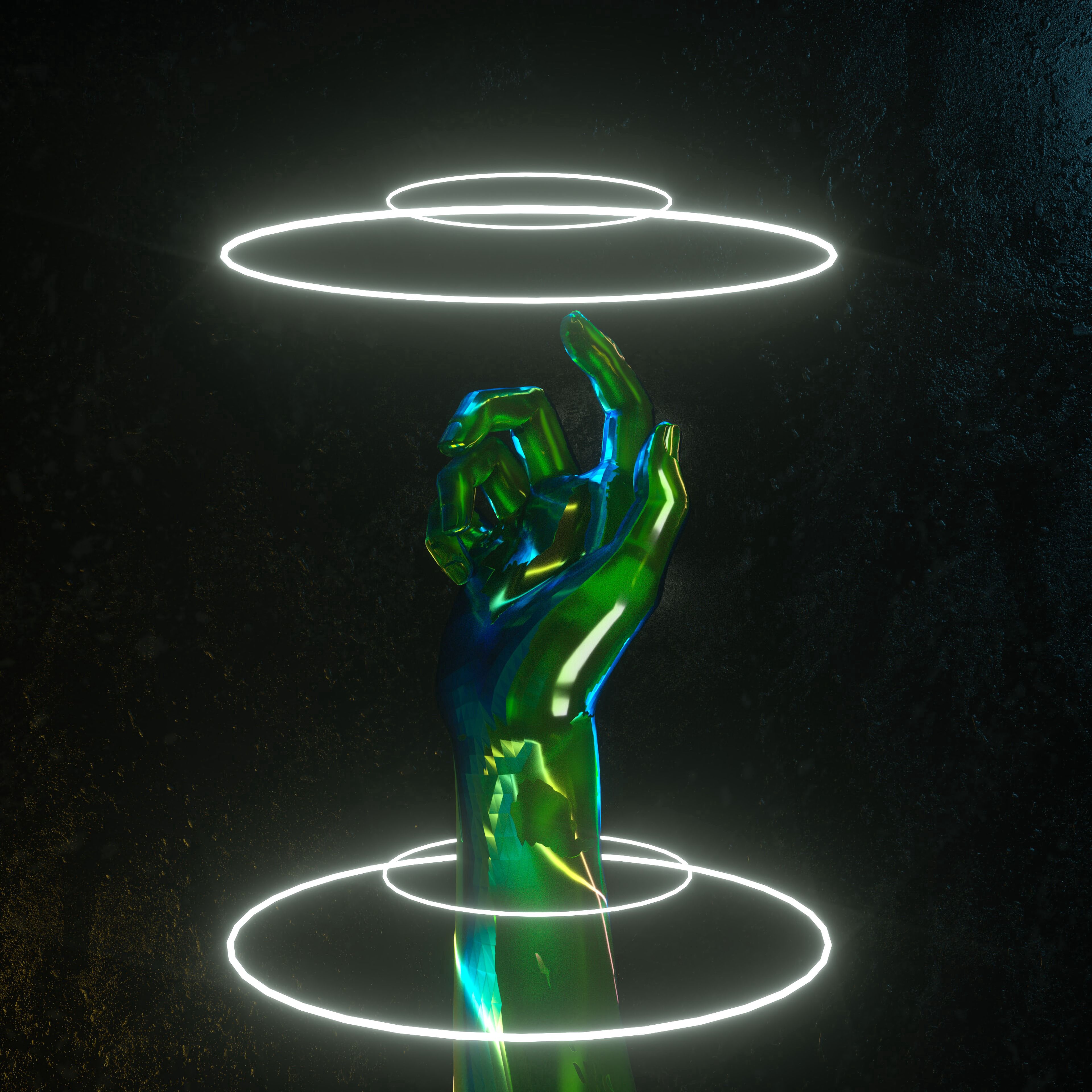 vertical wallpaper 3d, neon, rings, hand, glow, touching, touch