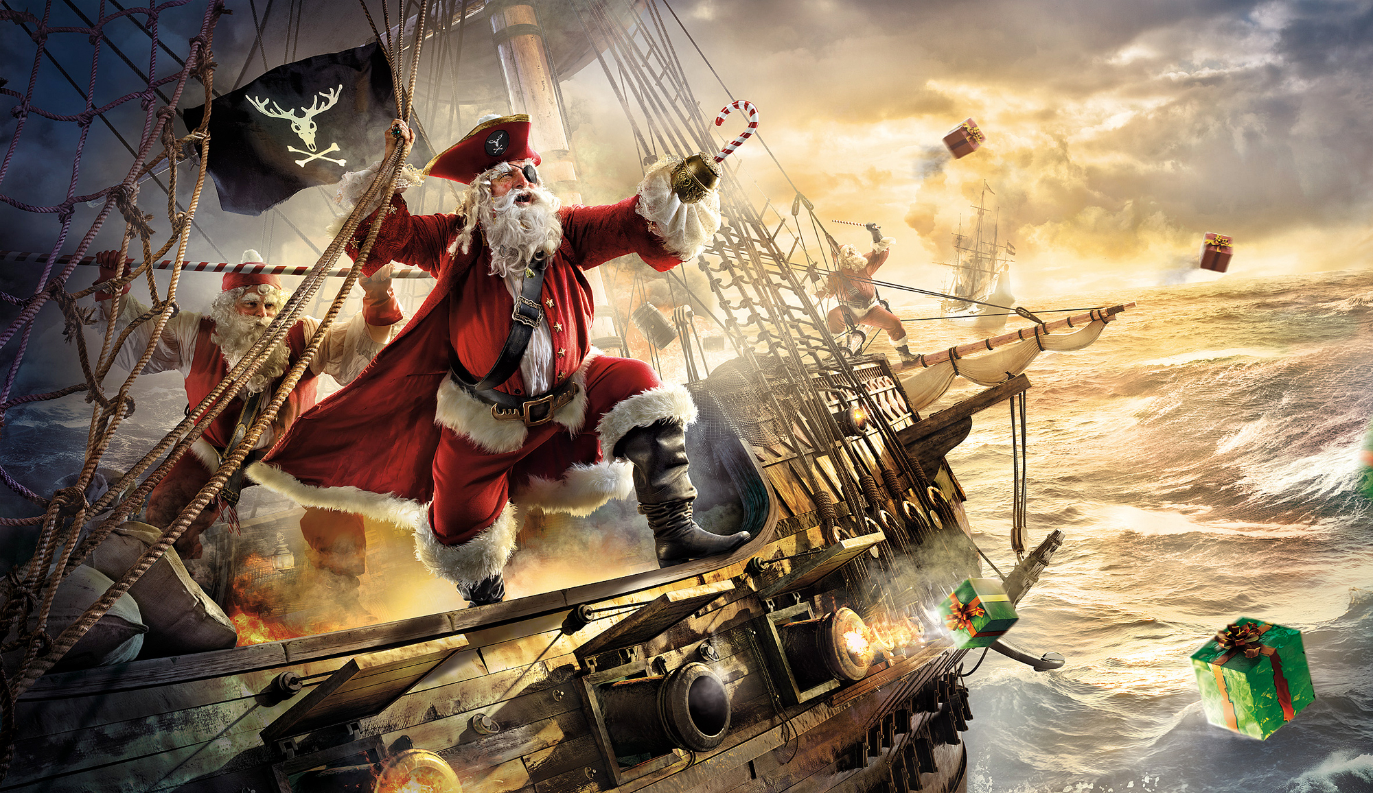 funny, pirate, christmas, holiday, eye patch, santa, ship