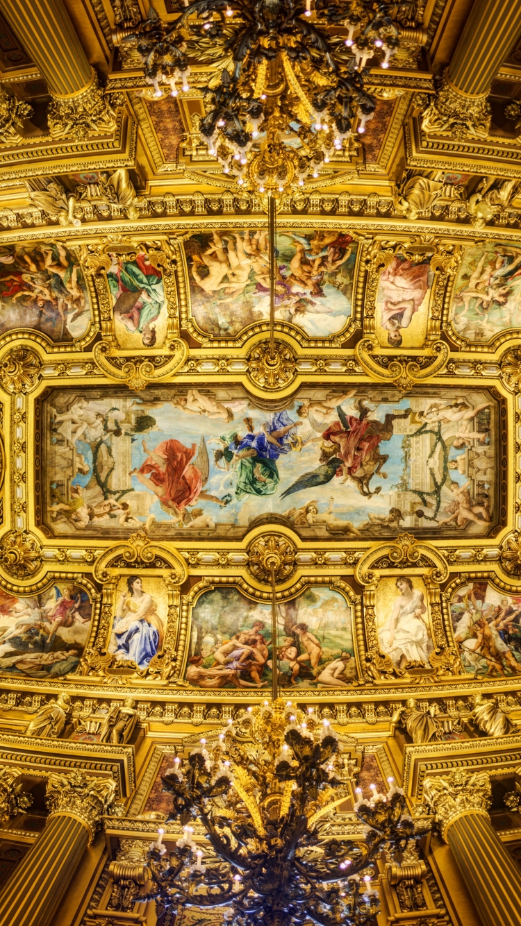 man made, palais garnier, painting, interior, ceiling, chandelier, paris, sculpture, columns