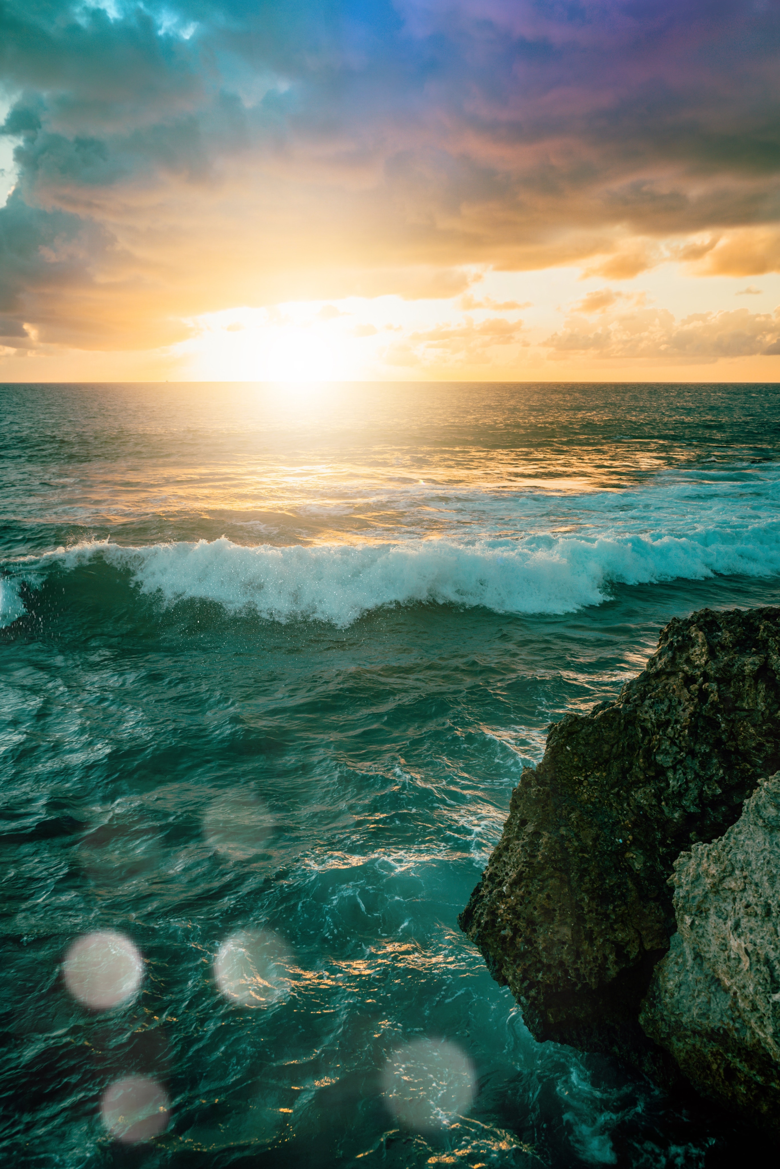 Download mobile wallpaper Waves, Sea, Nature, Sunset, Sun, Shine, Light for free.