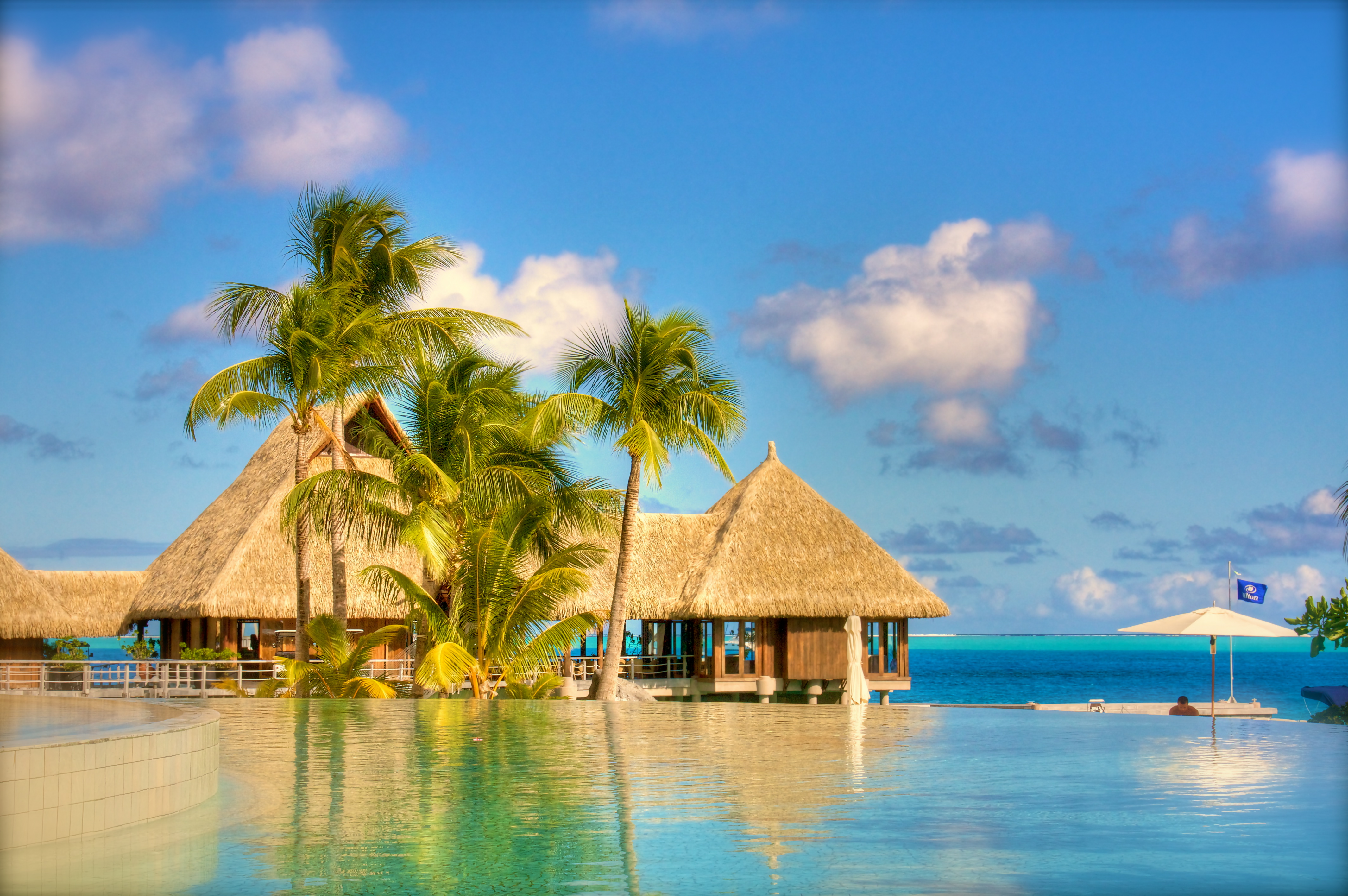 man made, resort, beach, bungalow, palm tree, tropical