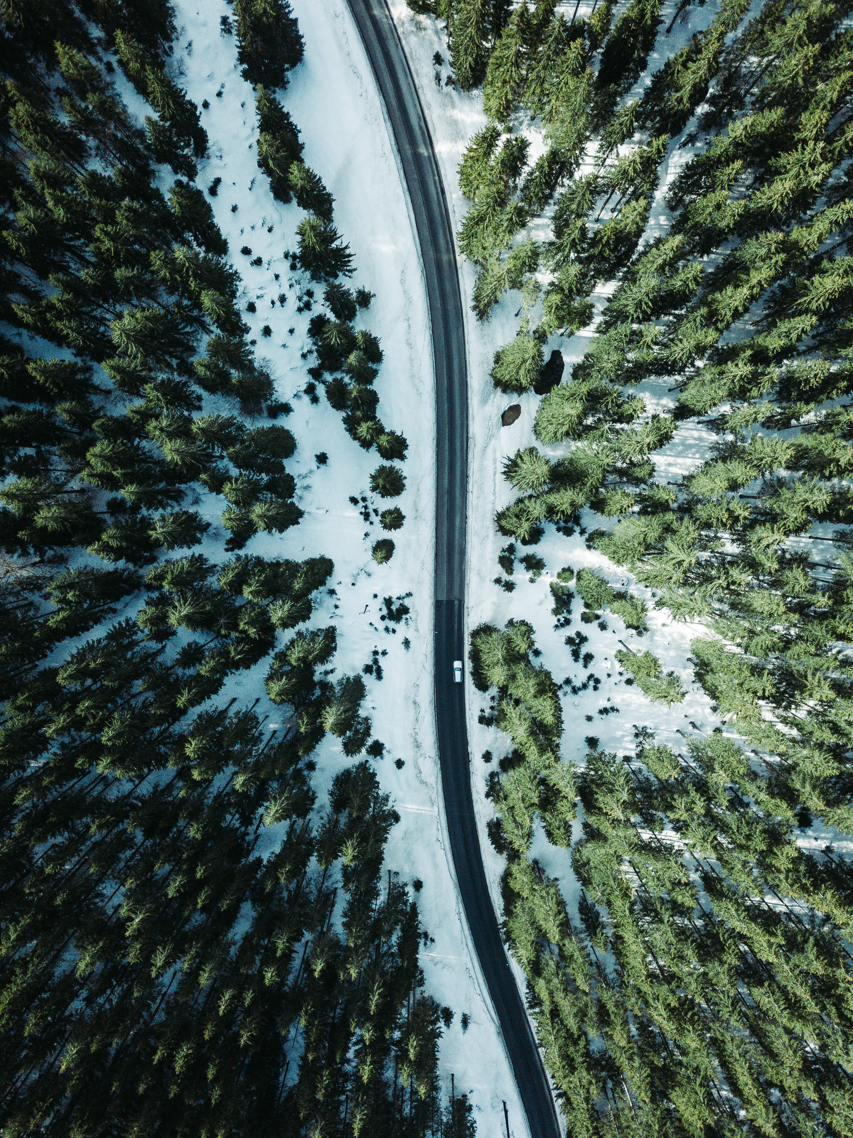 Free download wallpaper Nature, Trees, Snow, View From Above, Road, Forest on your PC desktop