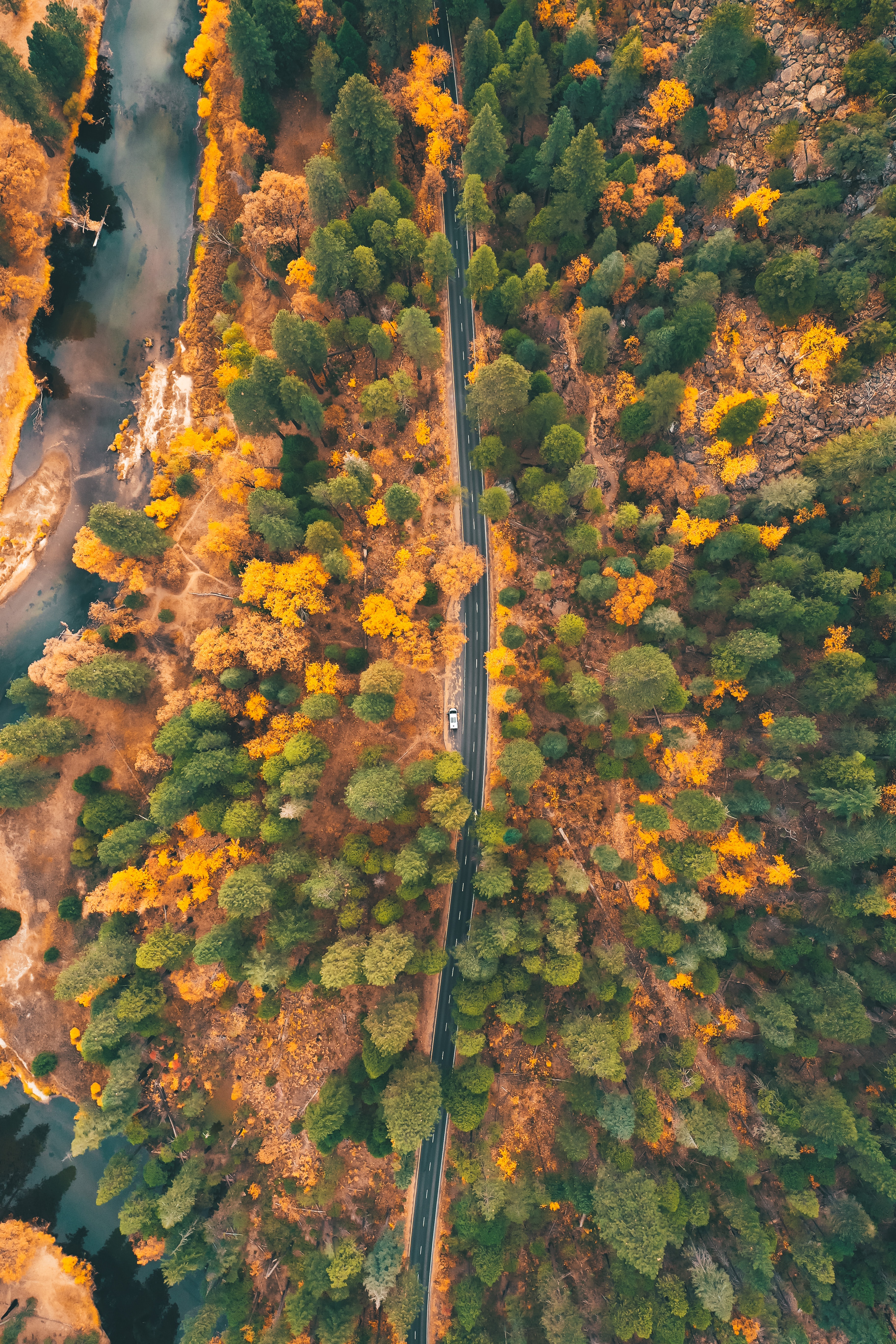 Free download wallpaper Trees, View From Above, Nature, Road, Forest, Car, Autumn on your PC desktop